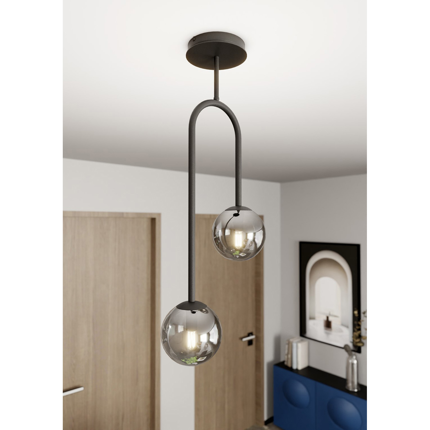 Lampada A Soffitto 2 Luci Kine In Acciaio Nero E Sfere In Vetro Fumè LA0033-EB-2-NR
