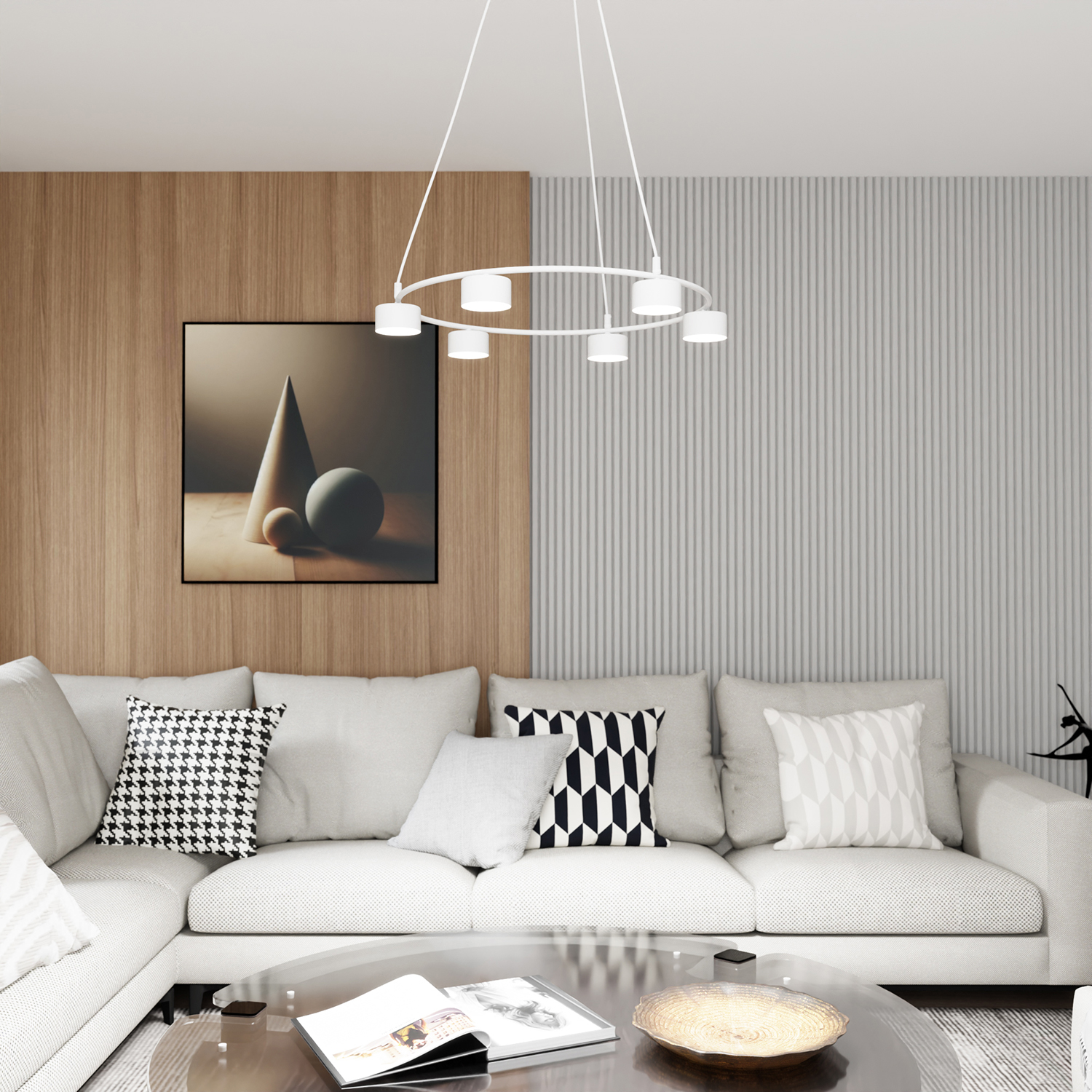 Lampadario Moderno 6 Luci Odin In Acciaio Bianco Ad Anello E Cilindri LA0034-EB-6-BI
