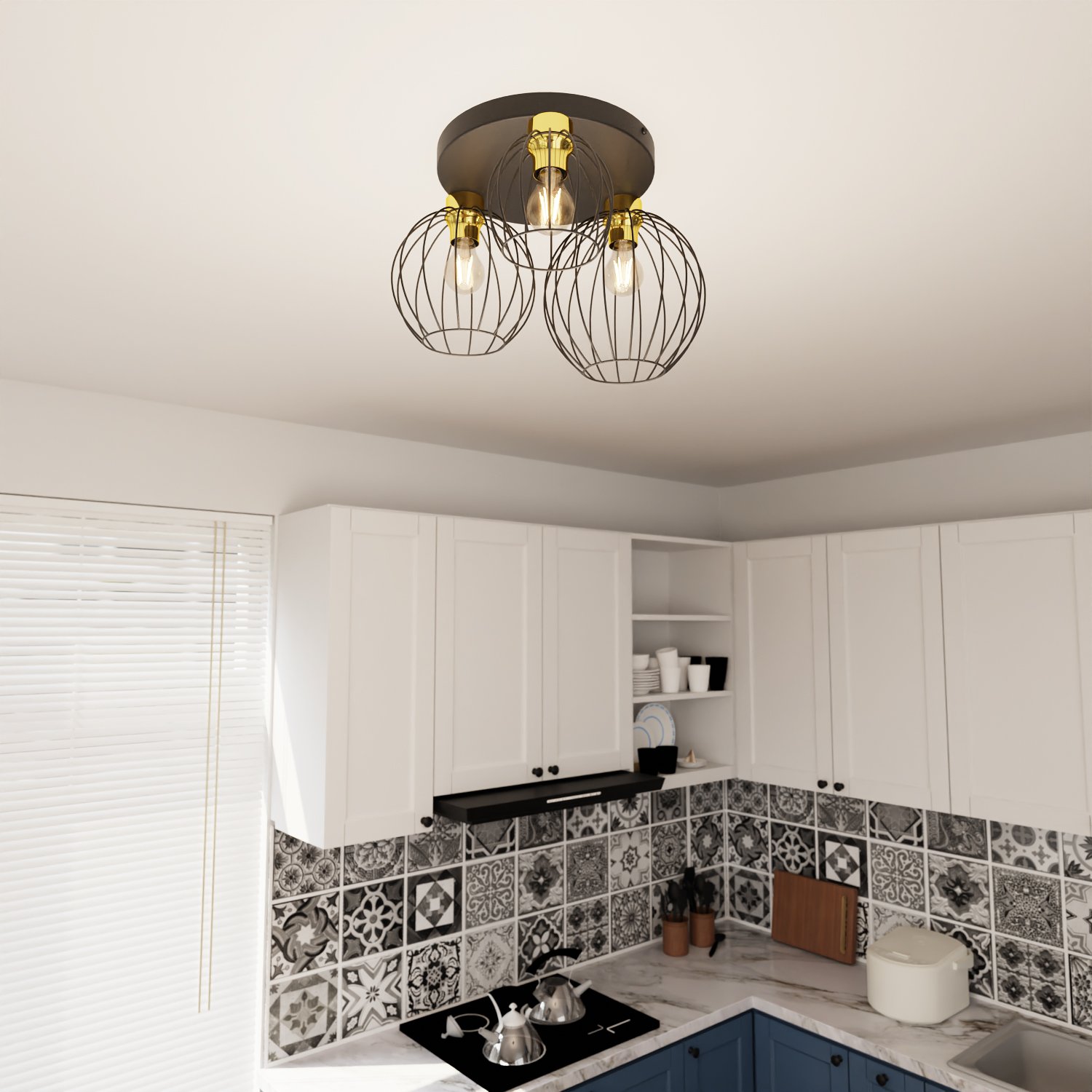Plafoniera Minimal Industrial Orion 3 Luci Tonda Nera E Oro 1370/3PREM