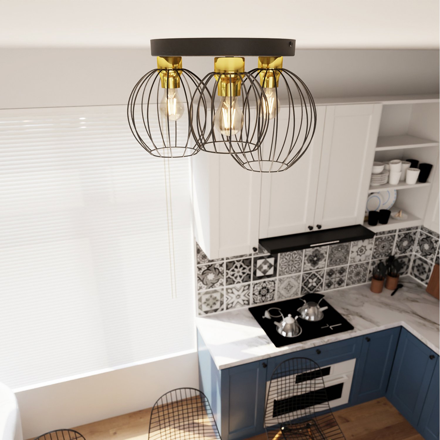 Plafoniera Minimal Industrial Orion 3 Luci Tonda Nera E Oro 1370/3PREM