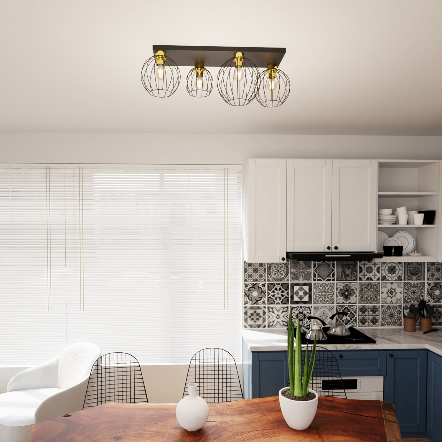 Plafoniera Minimal Industrial Orion 4 Luci Lineari Nera E Oro 1370/4