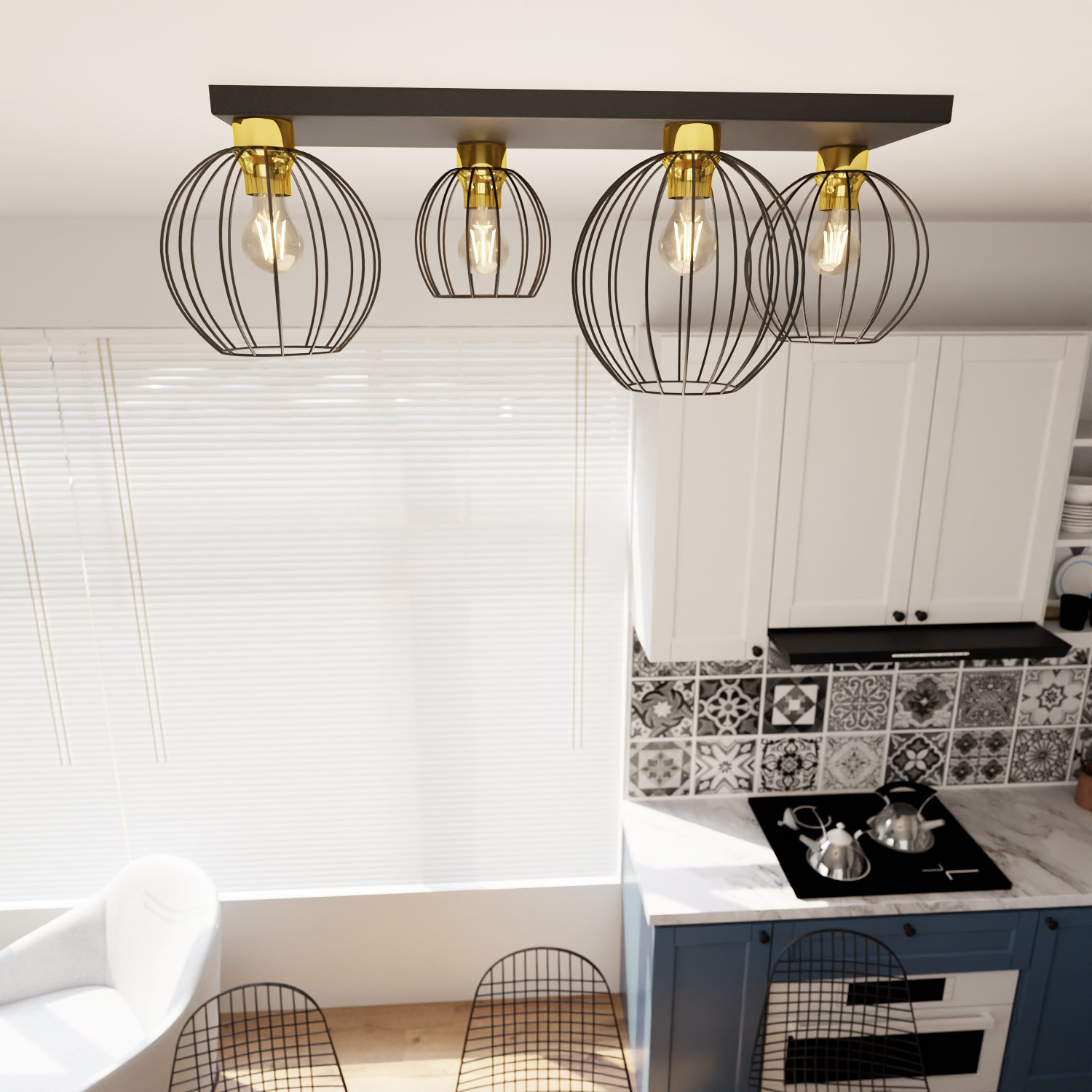 Plafoniera Minimal Industrial Orion 4 Luci Lineari Nera E Oro 1370/4