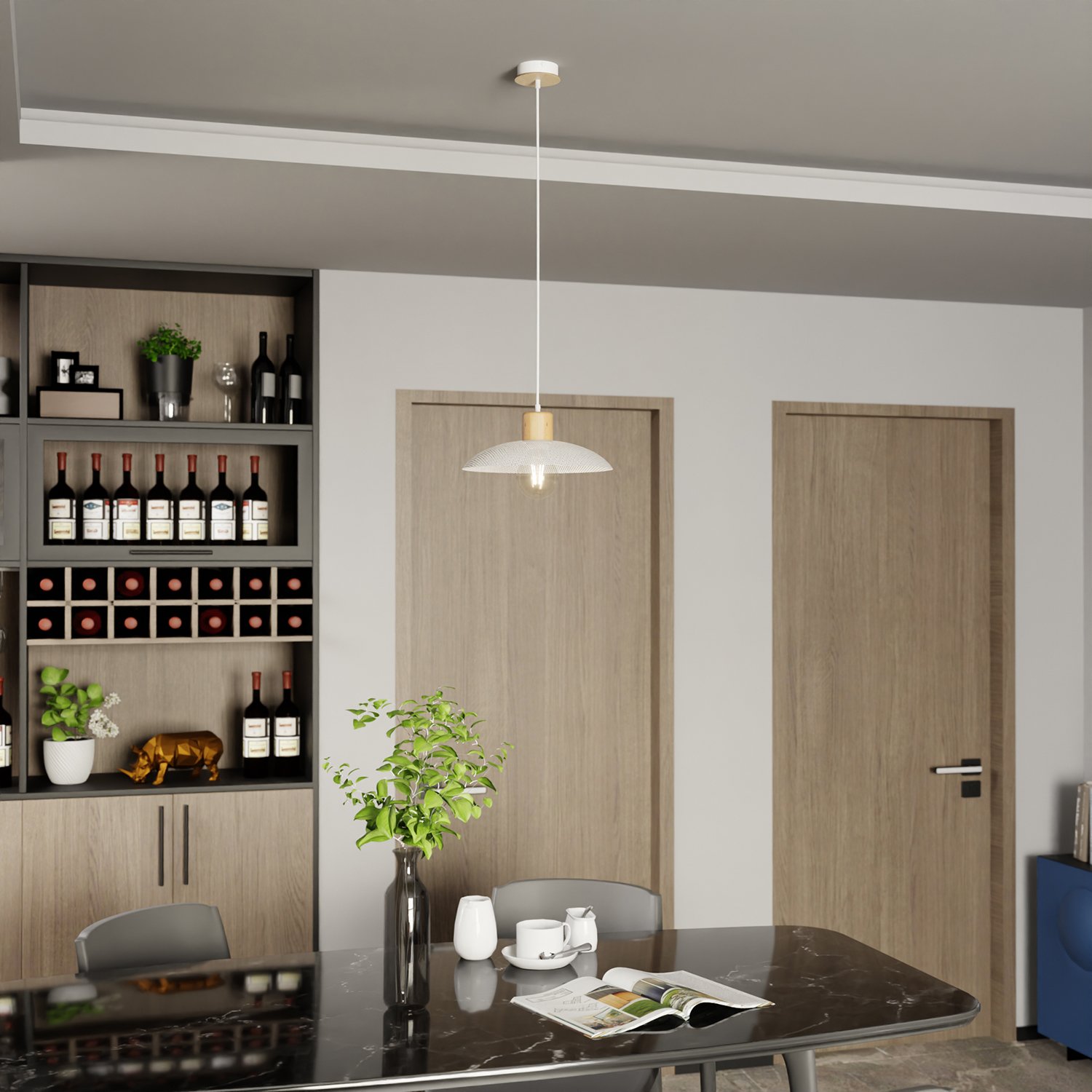 Sospensione Nordica Ishtar 1 Luce In Legno E Acciaio Bianco LA0066-EB-1-BI