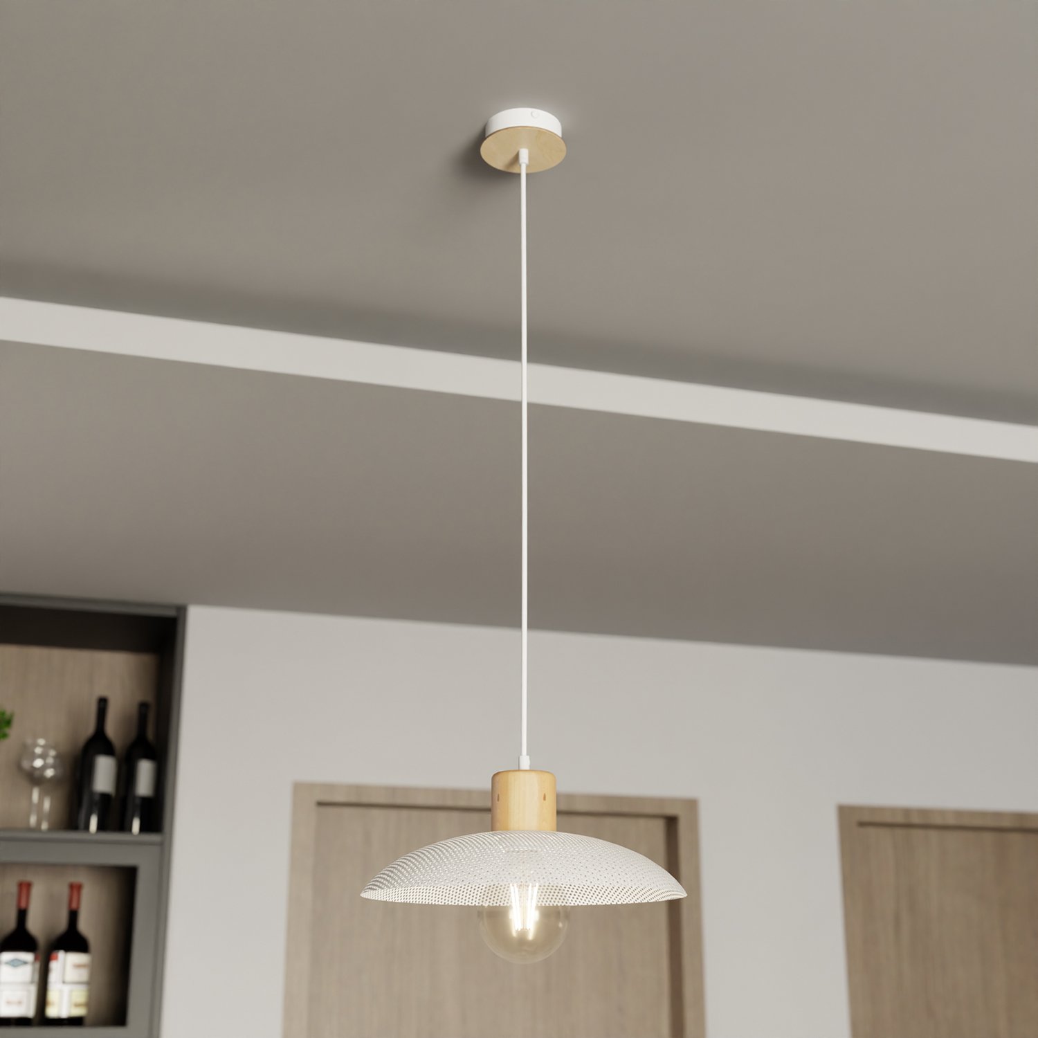 Sospensione Nordica Ishtar 1 Luce In Legno E Acciaio Bianco LA0066-EB-1-BI