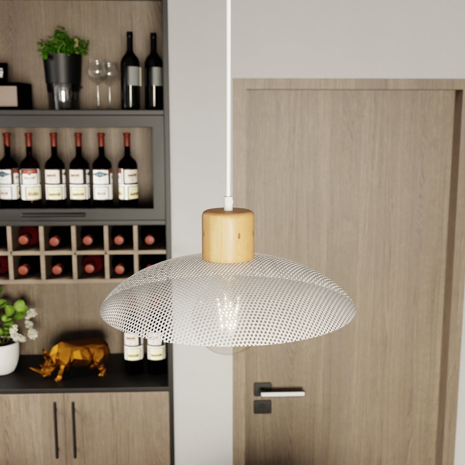 Sospensione Nordica Ishtar 1 Luce In Legno E Acciaio Bianco LA0066-EB-1-BI