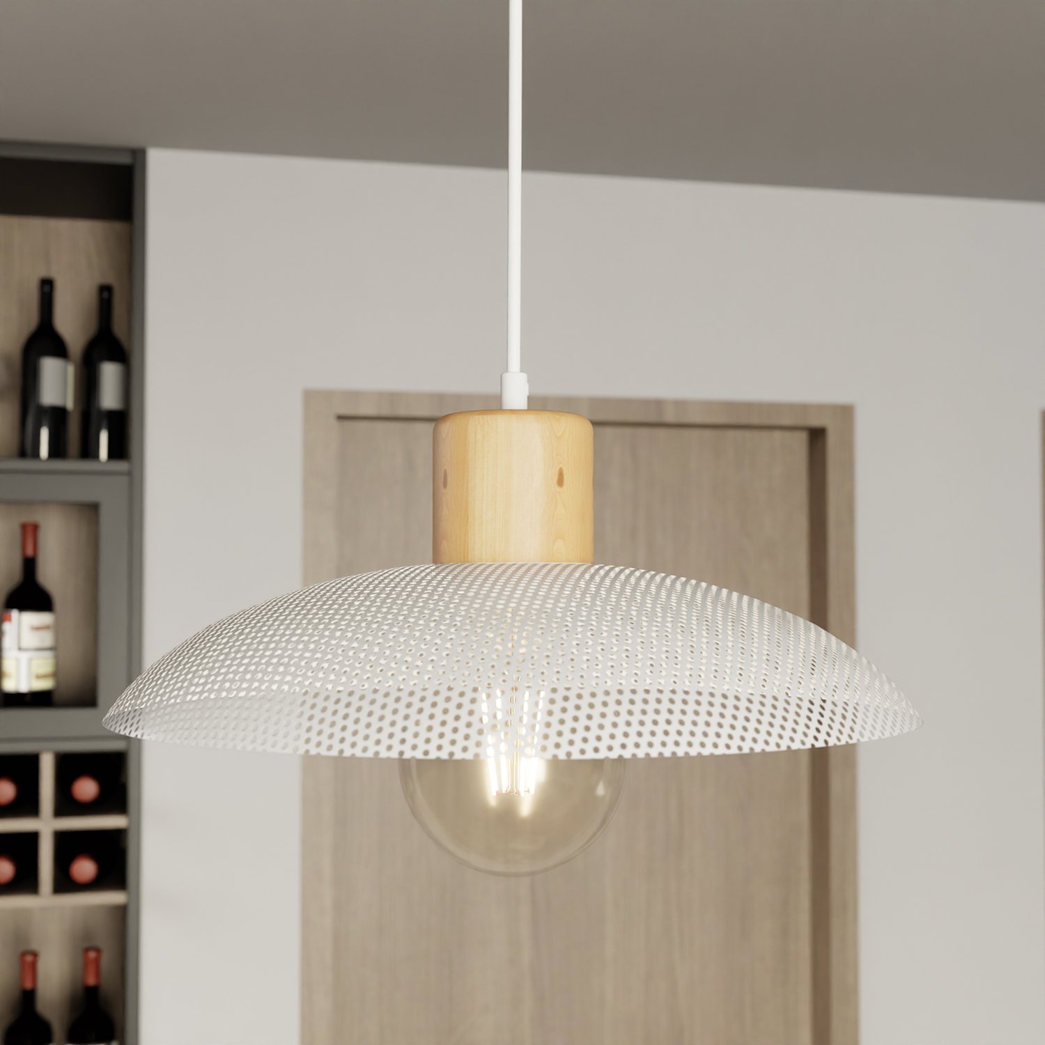 Sospensione Nordica Ishtar 1 Luce In Legno E Acciaio Bianco LA0066-EB-1-BI