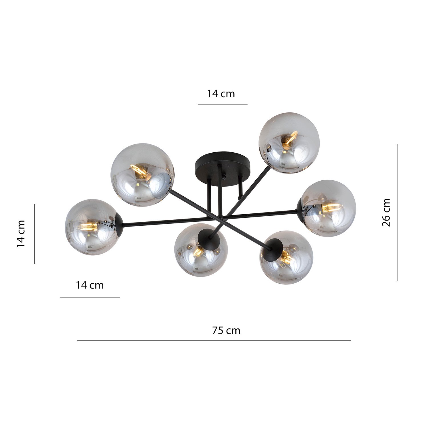 Plafoniera Moderna Hsi Wang Mu 6 Luci In Acciao Nero E Sfere In Vetro Fumè 1245/6