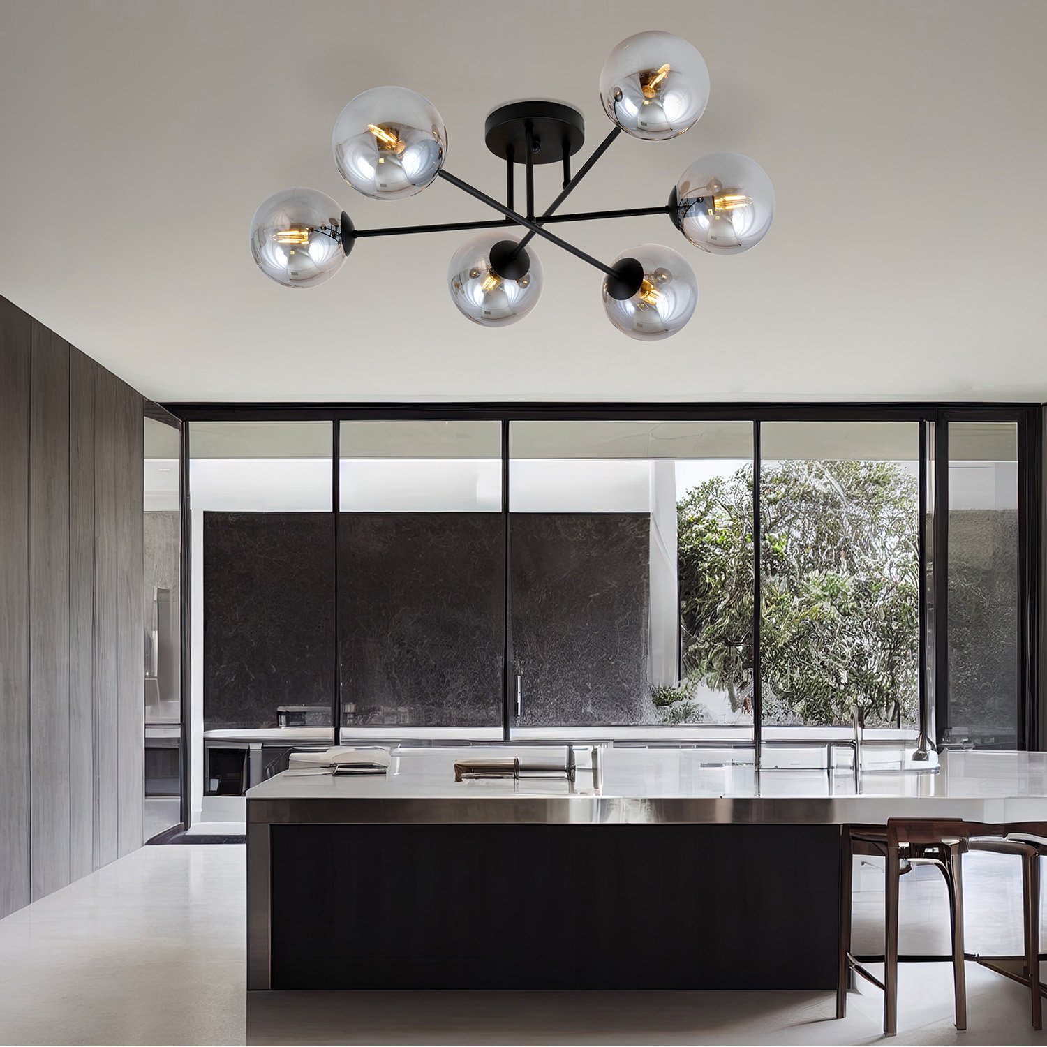 Plafoniera Moderna Hsi Wang Mu 6 Luci In Acciao Nero E Sfere In Vetro Fumè 1245/6