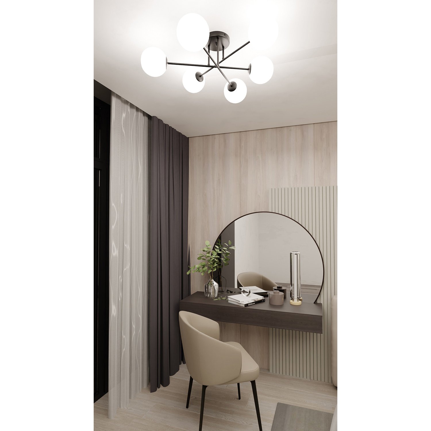 Plafoniera Moderna Hsi Wang Mu 6 Luci In Acciao Nero E Sfere In Vetro Bianco 1232/6
