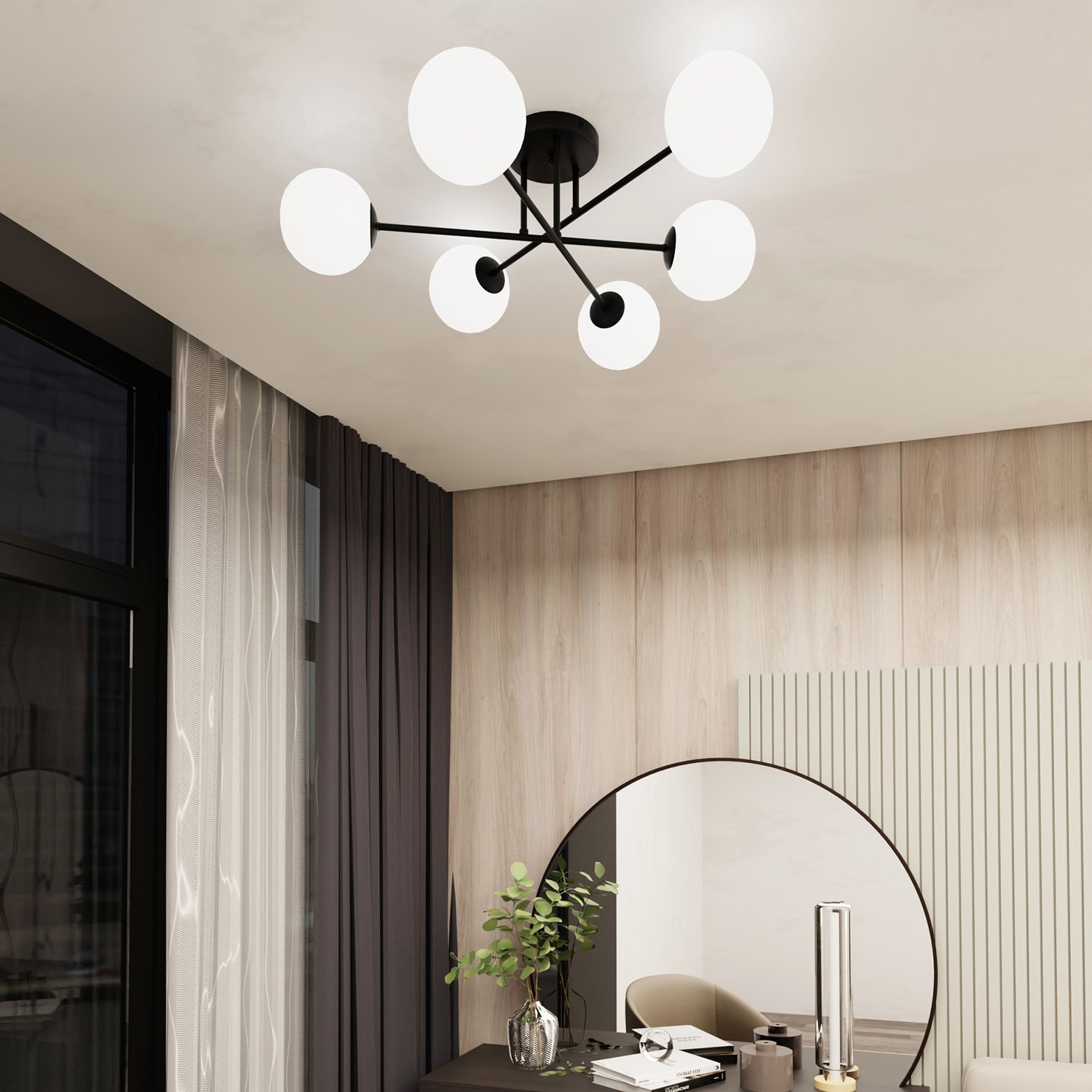 Plafoniera Moderna Hsi Wang Mu 6 Luci In Acciao Nero E Sfere In Vetro Bianco 1232/6