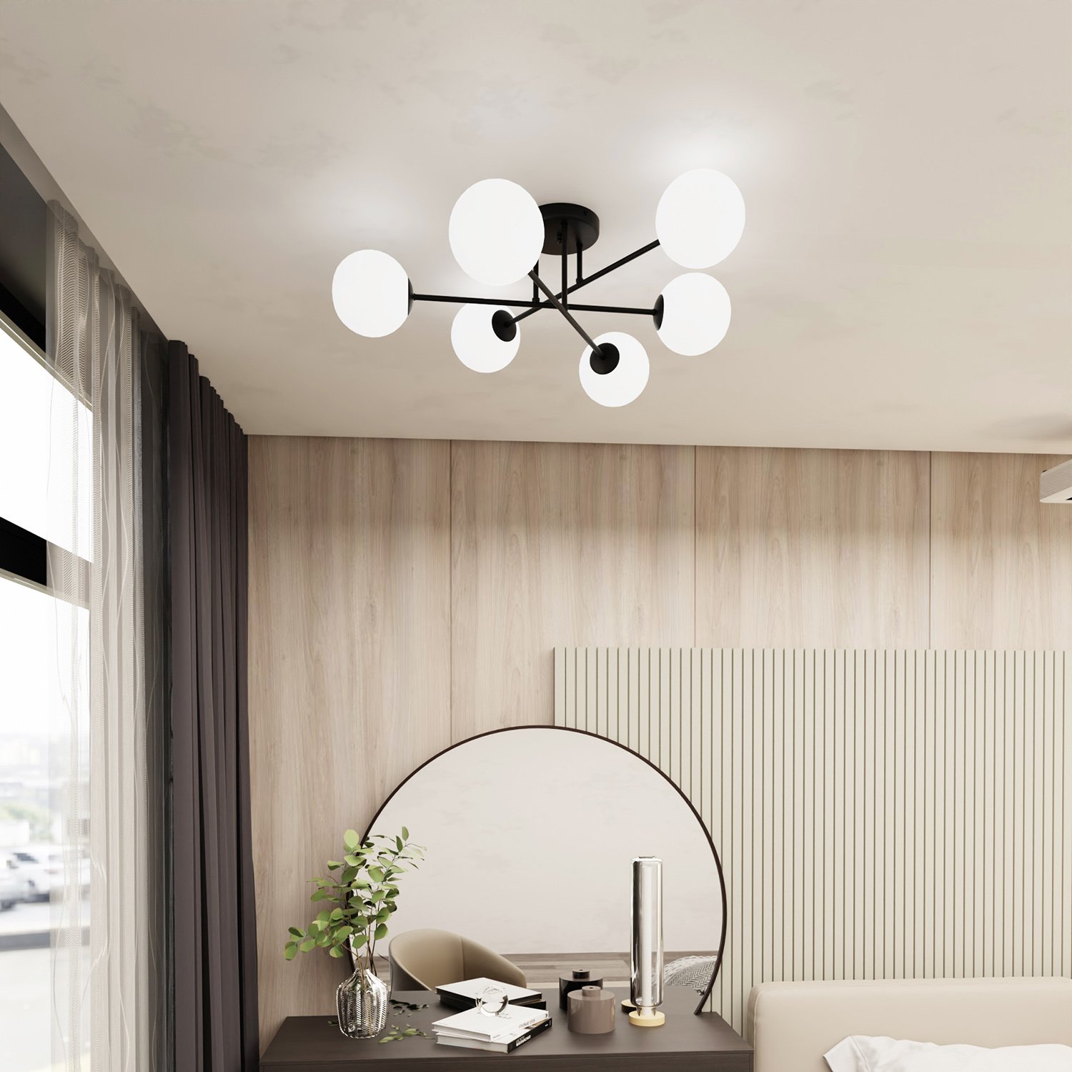 Plafoniera Moderna Hsi Wang Mu 6 Luci In Acciao Nero E Sfere In Vetro Bianco 1232/6