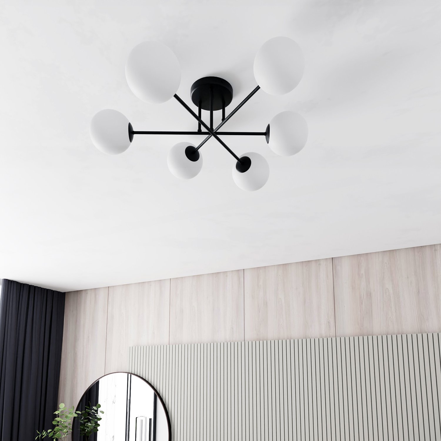 Plafoniera Moderna Hsi Wang Mu 6 Luci In Acciao Nero E Sfere In Vetro Bianco 1232/6