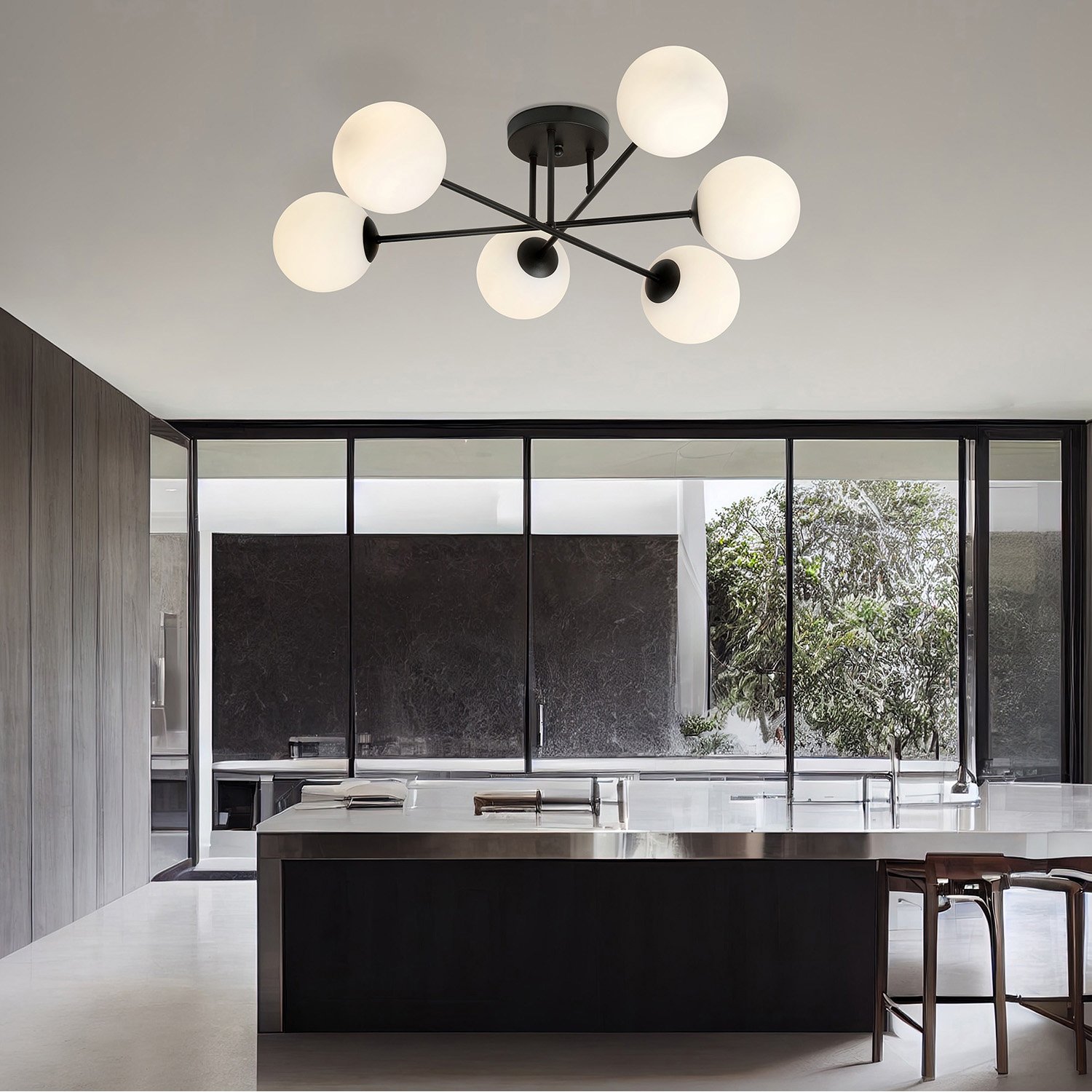 Plafoniera Moderna Hsi Wang Mu 6 Luci In Acciao Nero E Sfere In Vetro Bianco 1232/6