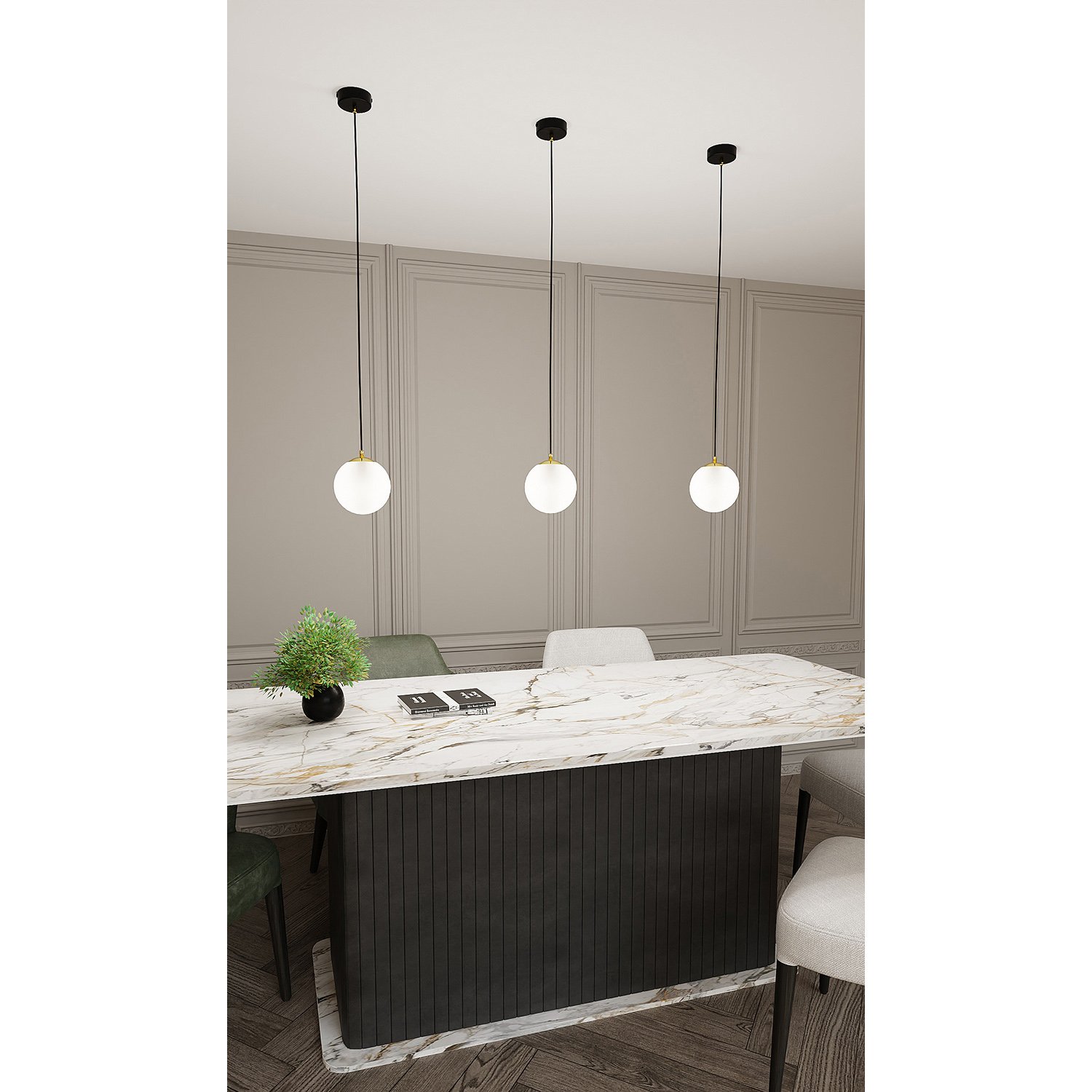 Sospensione Contemporanea Yudi 1 Luce Acciaio Nero/Oro Sfera Vetro Bianco 1243/1