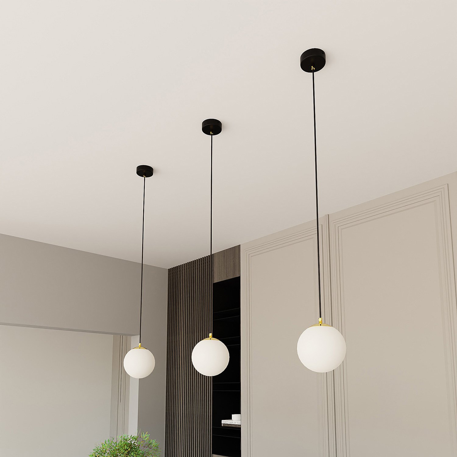 Sospensione Contemporanea Yudi 1 Luce Acciaio Nero/Oro Sfera Vetro Bianco 1243/1
