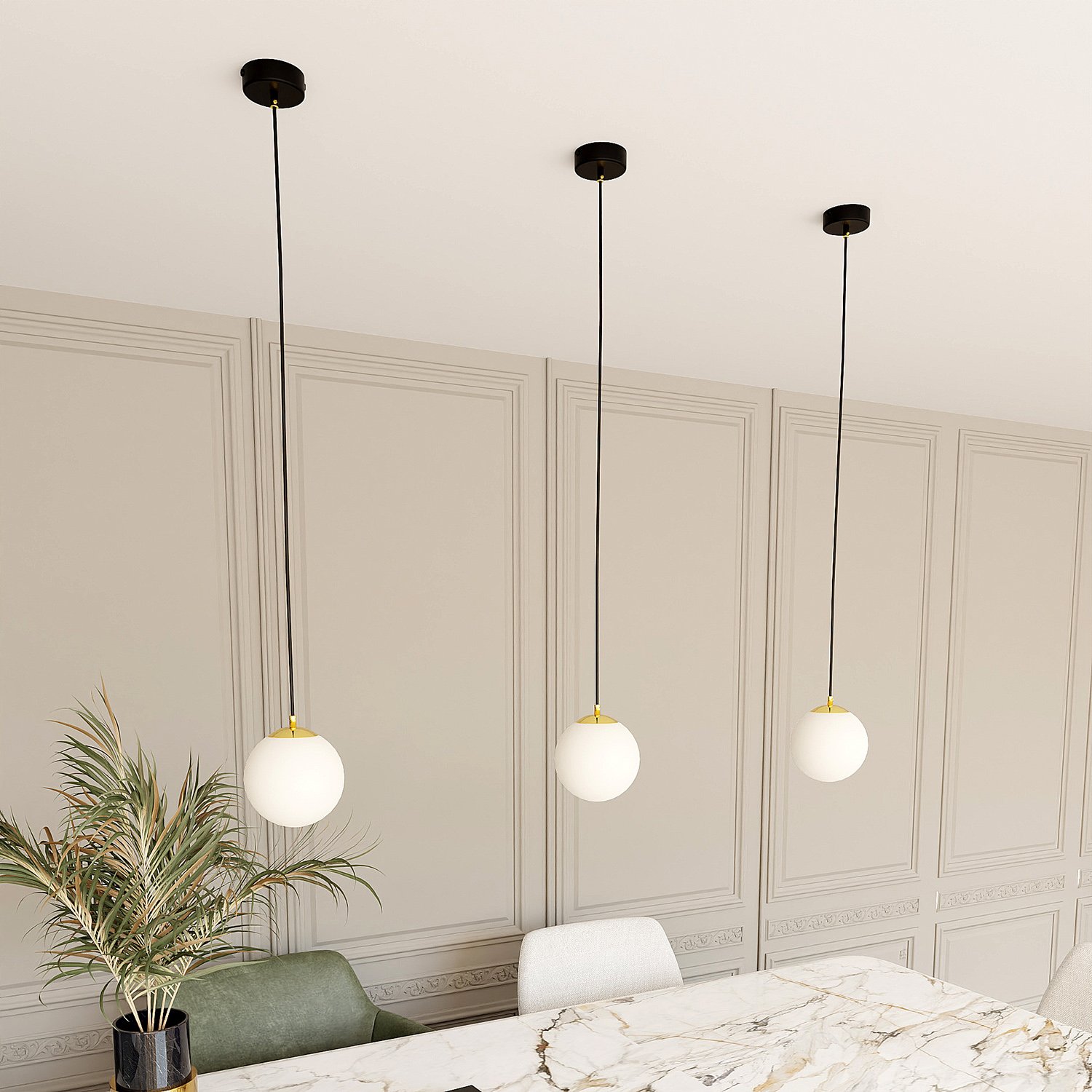 Sospensione Contemporanea Yudi 1 Luce Acciaio Nero/Oro Sfera Vetro Bianco 1243/1