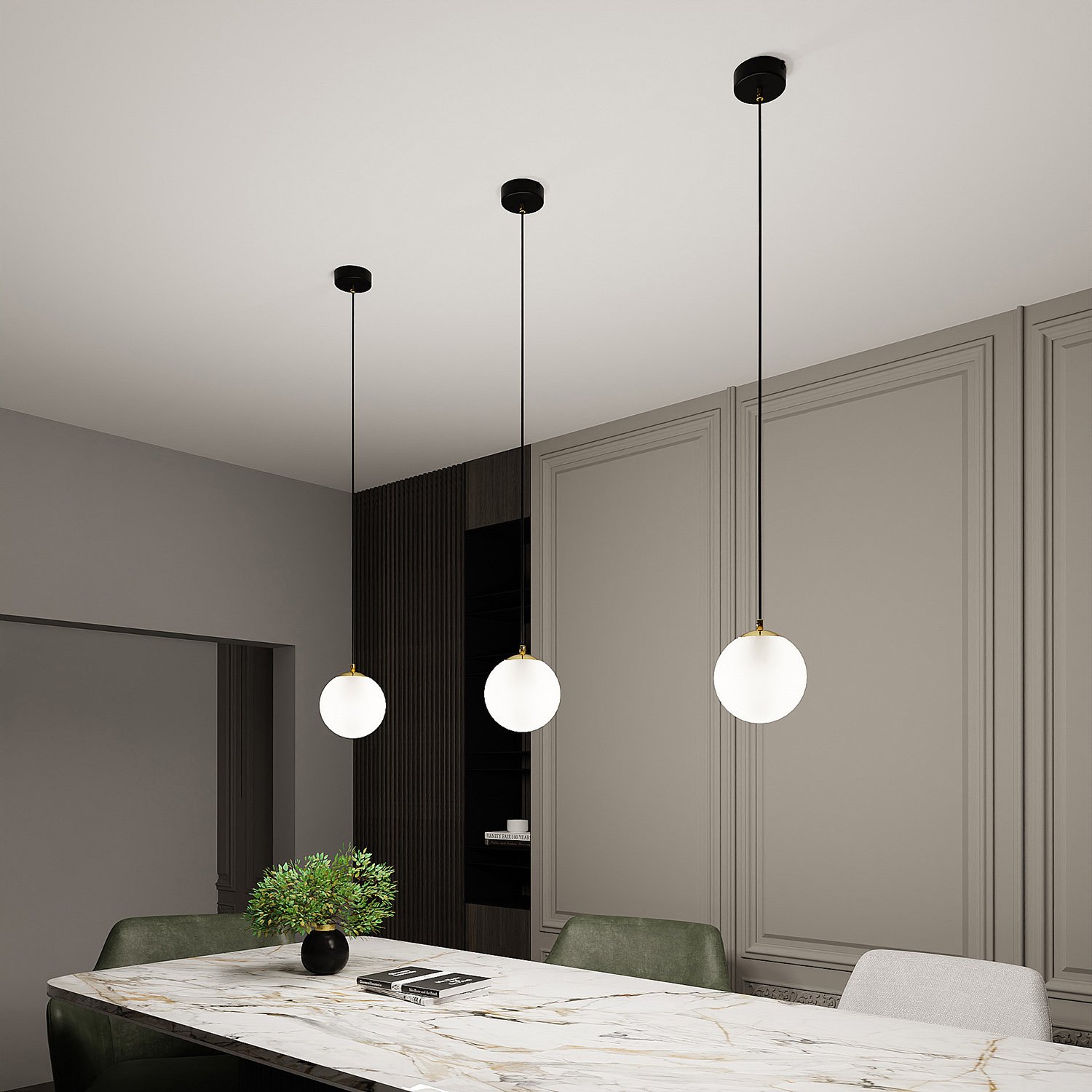 Sospensione Contemporanea Yudi 1 Luce Acciaio Nero/Oro Sfera Vetro Bianco 1243/1