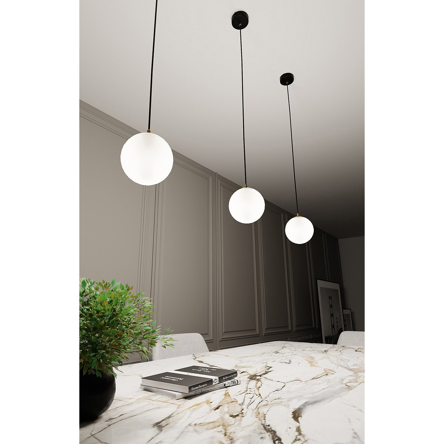 Sospensione Contemporanea Yudi 1 Luce Acciaio Nero/Oro Sfera Vetro Bianco 1243/1