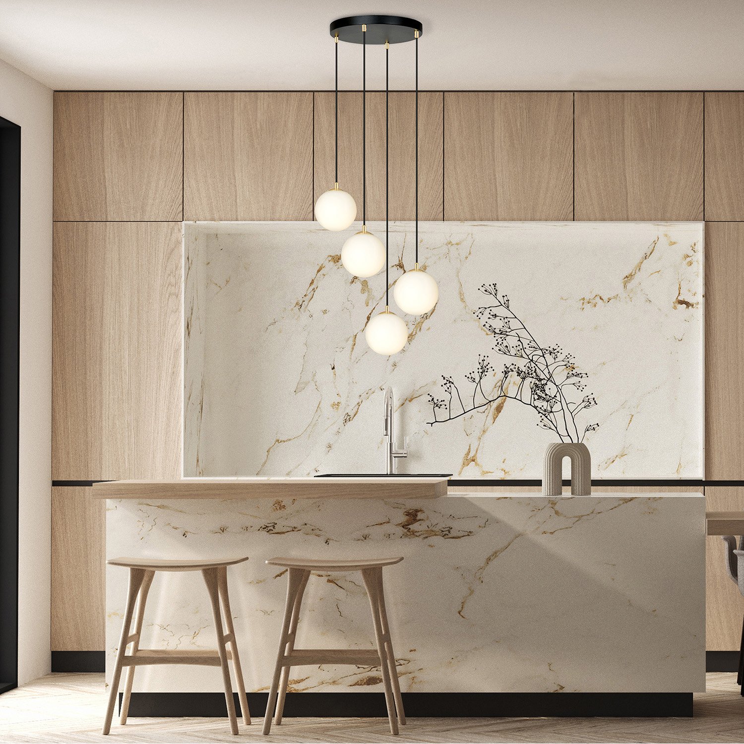 Sospensione Contemporanea Yudi 4 Luci Acciaio Nero/Oro Sfere Vetro Bianco 1243/4