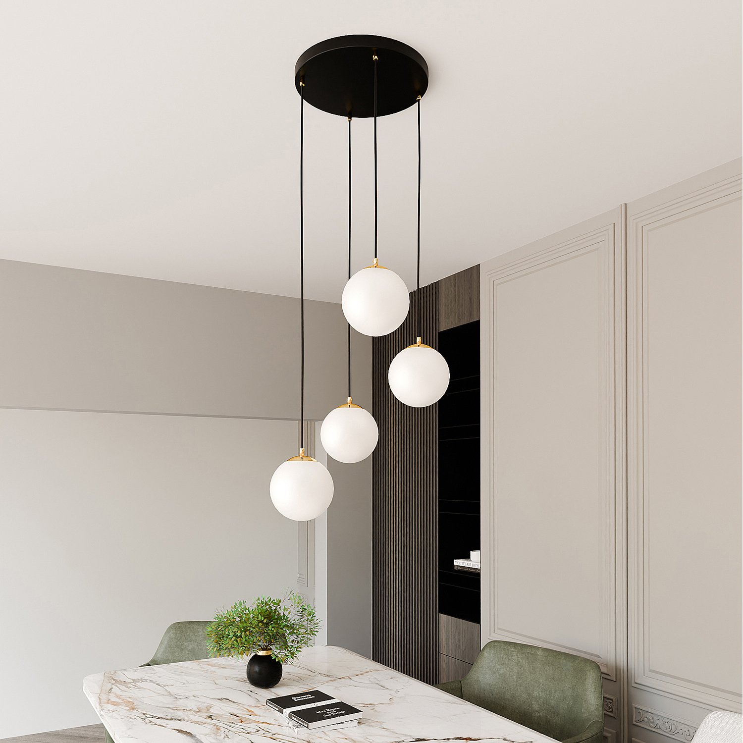 Sospensione Contemporanea Yudi 4 Luci Acciaio Nero/Oro Sfere Vetro Bianco 1243/4