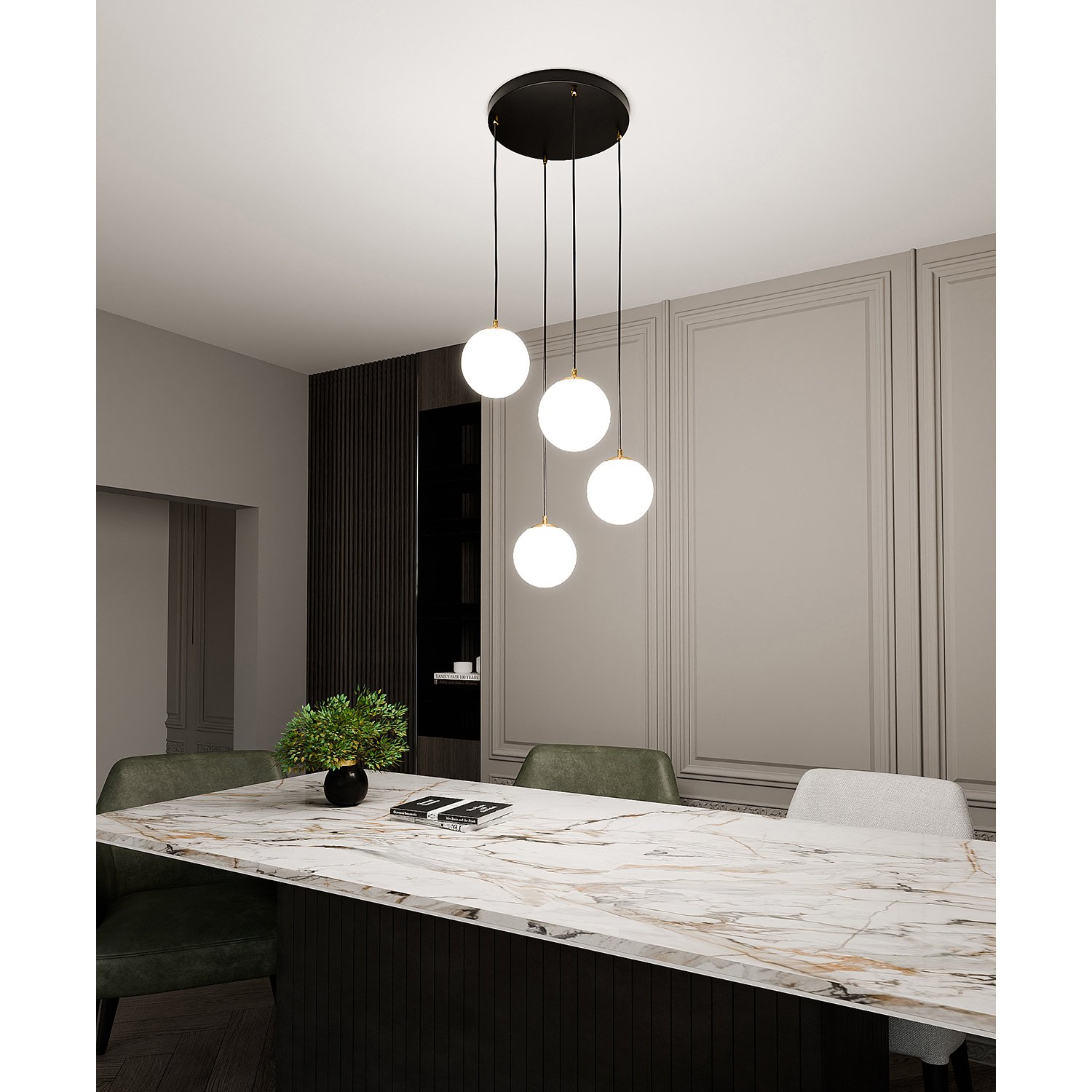 Sospensione Contemporanea Yudi 4 Luci Acciaio Nero/Oro Sfere Vetro Bianco 1243/4