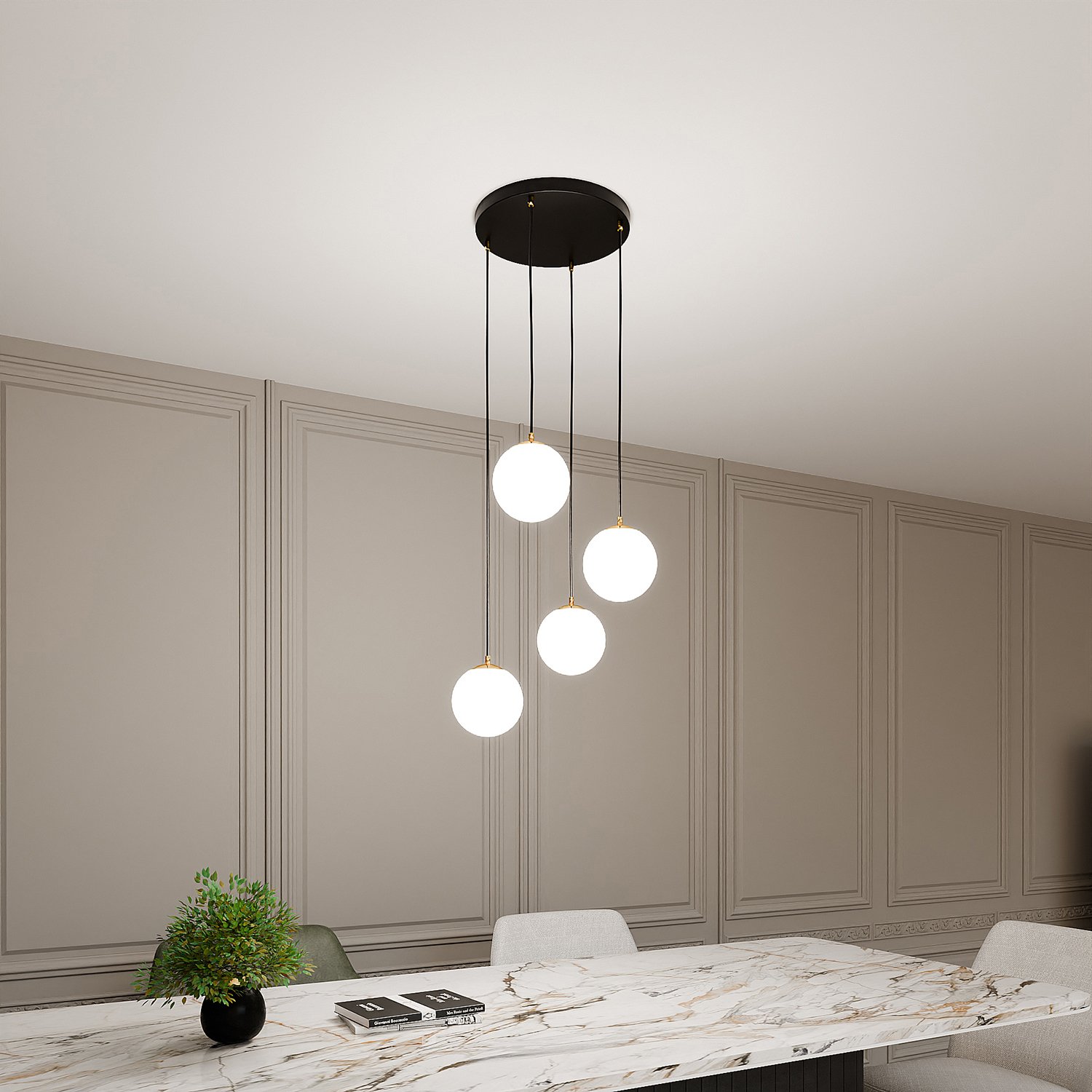 Sospensione Contemporanea Yudi 4 Luci Acciaio Nero/Oro Sfere Vetro Bianco 1243/4