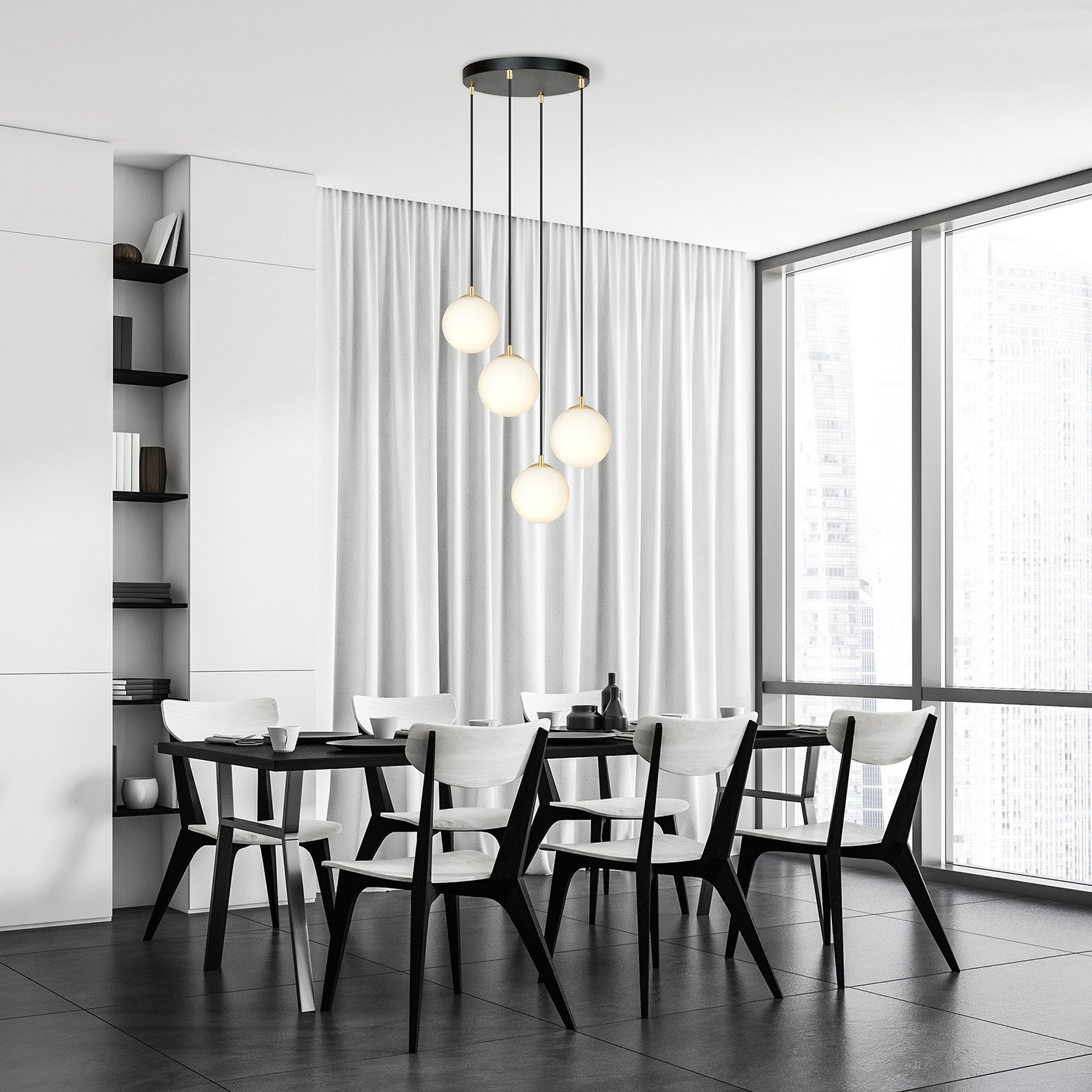 Sospensione Contemporanea Yudi 4 Luci Acciaio Nero/Oro Sfere Vetro Bianco 1243/4