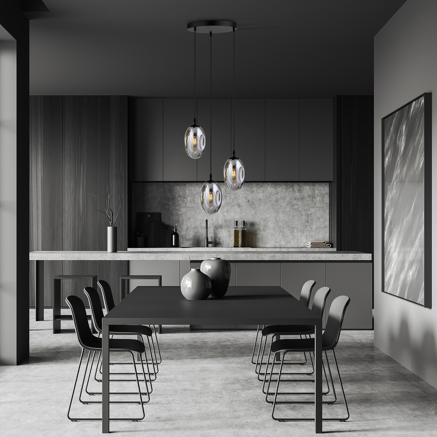 Sospensione Minimal 3 Luci Pendragon Acciaio Nero E Vetro Fumè 1266/3PREM