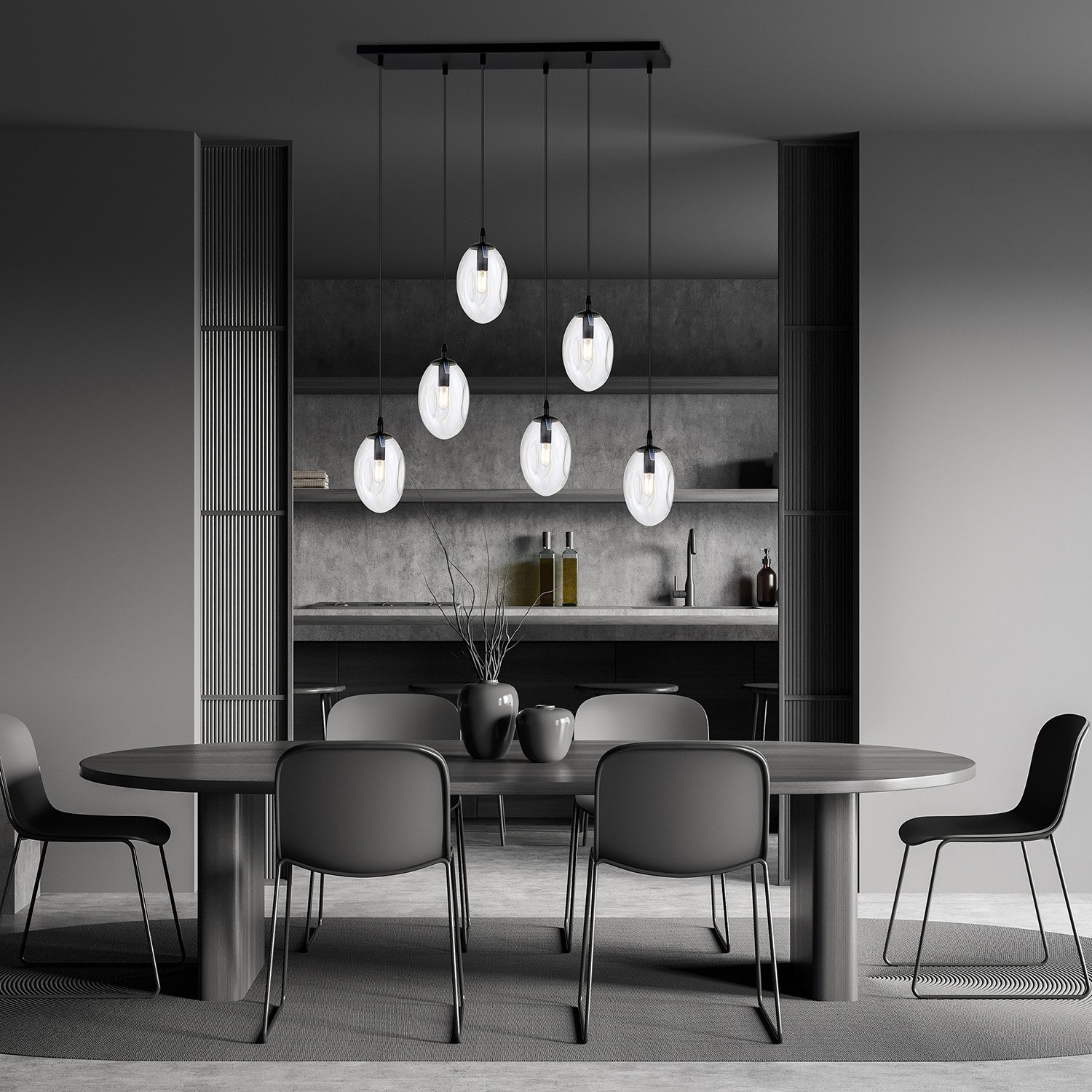 Sospensione Minimal 6 Luci Pendragon Acciaio Nero E Vetro Trasparente 1265/6