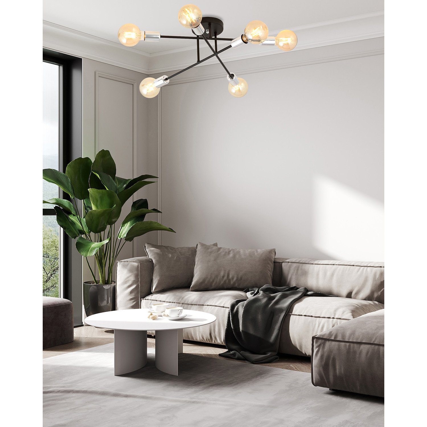 Plafoniera Industriale 6 Luci Tidide In Acciao Nero E Cromo Bracci Dritti 1174/6B