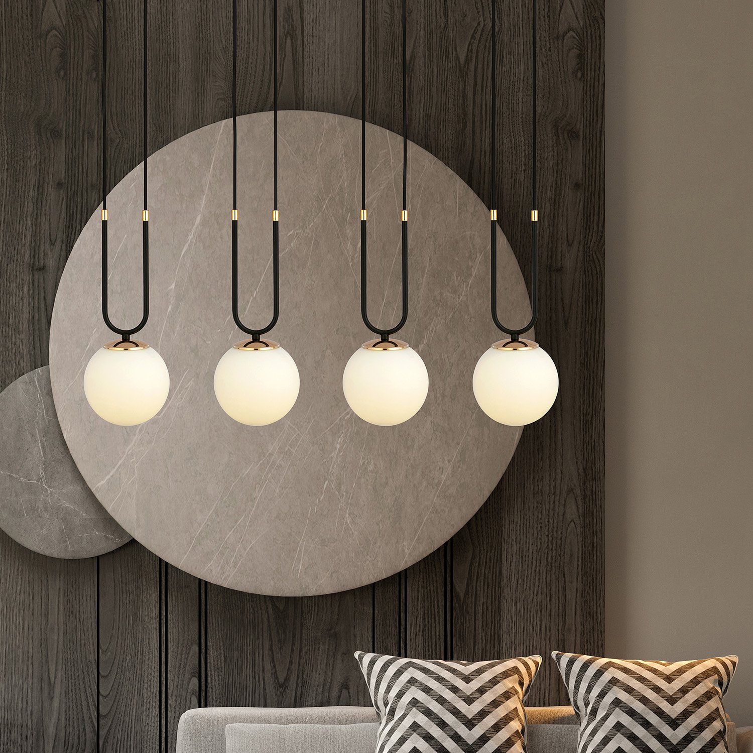 Sospensione Contemporanea 4 Luci Crio In Acciaio Nero Oro E Sfere Vetro Opalino LA0105-EB-4-NR-BI