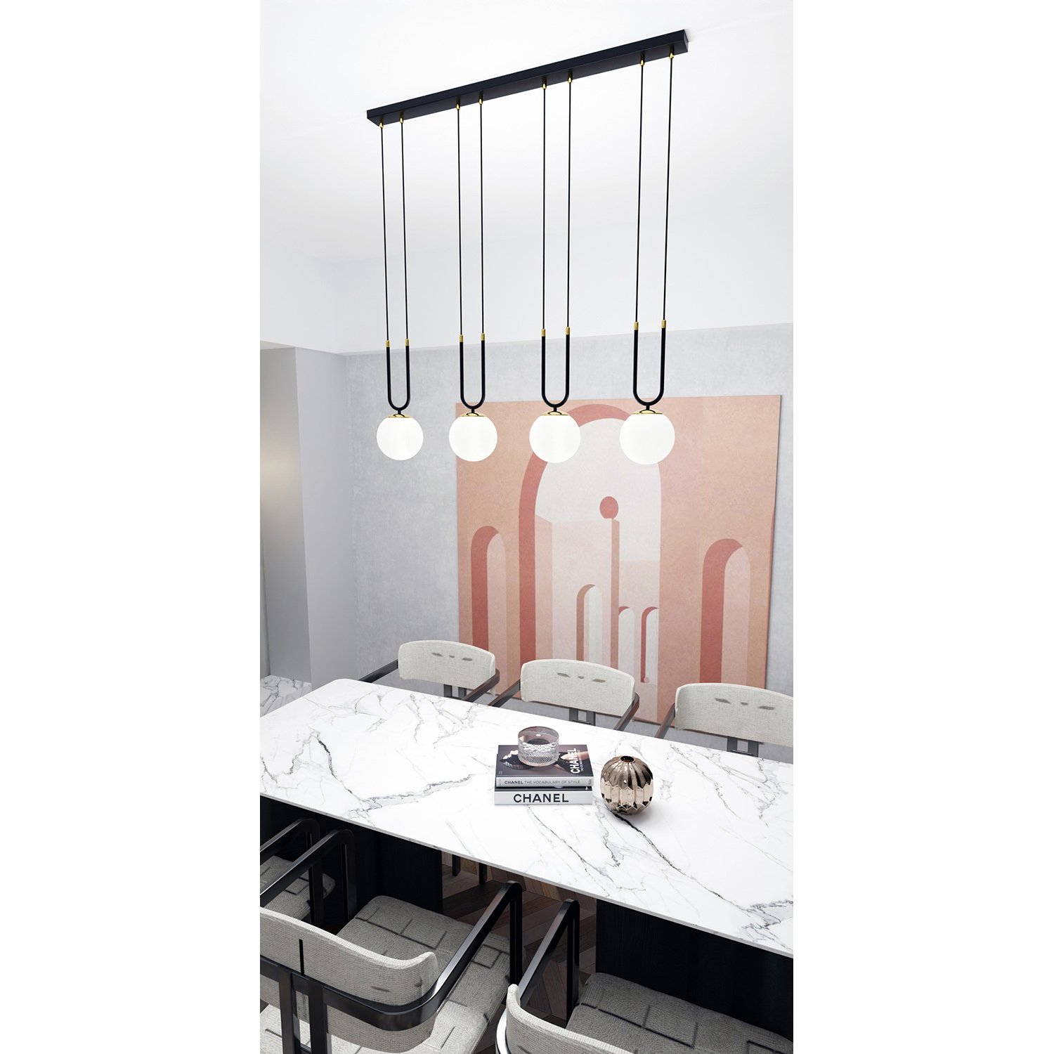 Sospensione Contemporanea 4 Luci Crio In Acciaio Nero Oro E Sfere Vetro Opalino LA0105-EB-4-NR-BI