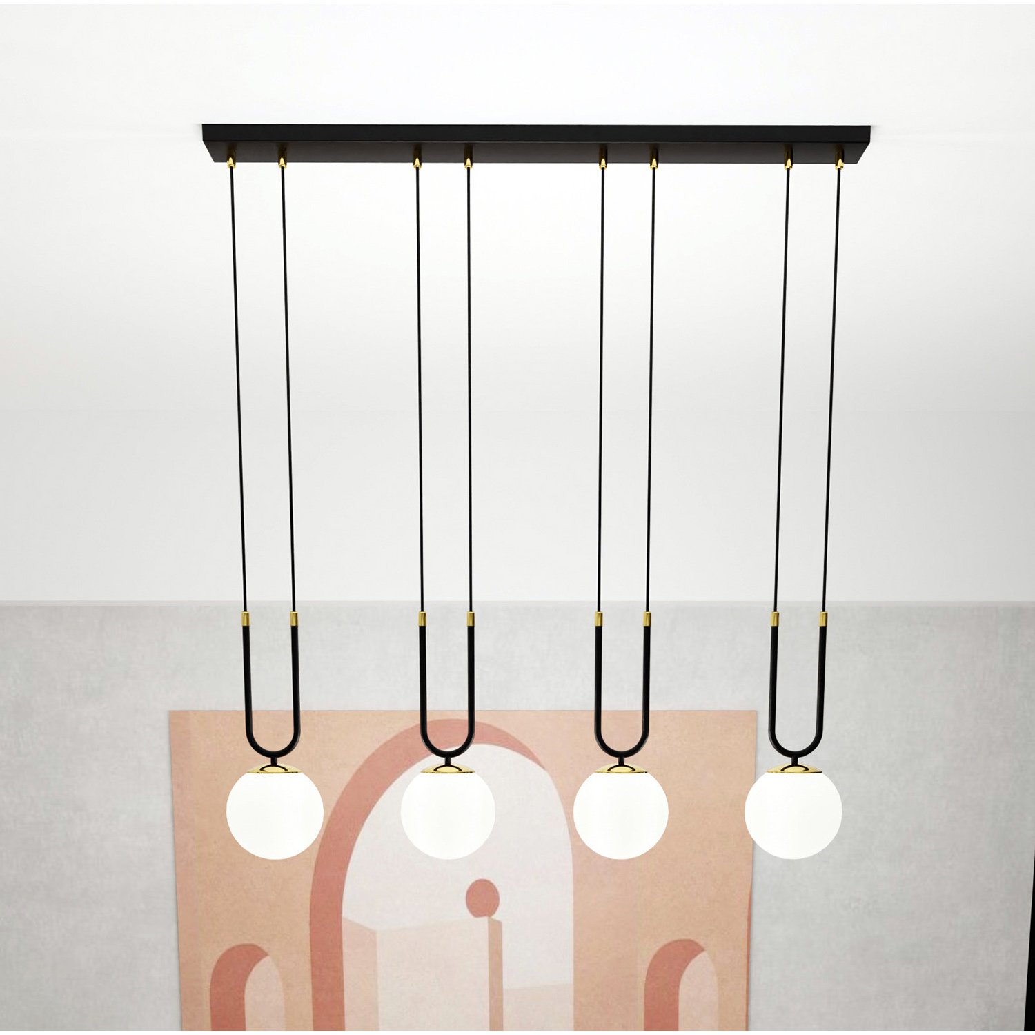 Sospensione Contemporanea 4 Luci Crio In Acciaio Nero Oro E Sfere Vetro Opalino LA0105-EB-4-NR-BI