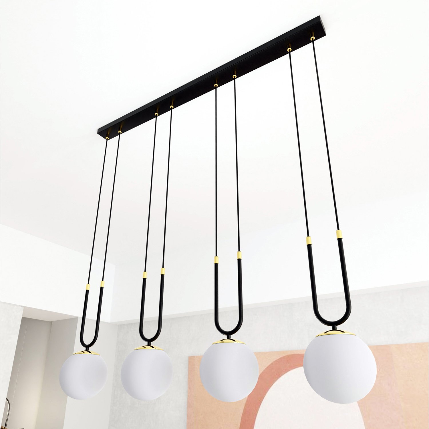 Sospensione Contemporanea 4 Luci Crio In Acciaio Nero Oro E Sfere Vetro Opalino LA0105-EB-4-NR-BI