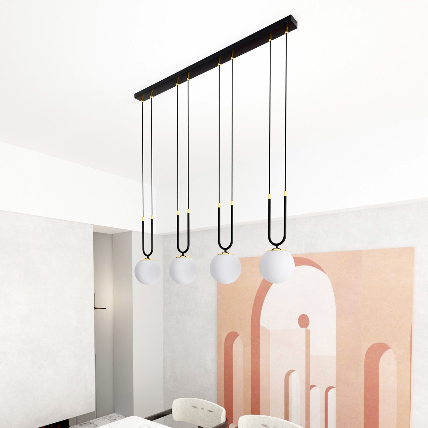 Sospensione Contemporanea 4 Luci Crio In Acciaio Nero Oro E Sfere Vetro Opalino LA0105-EB-4-NR-BI