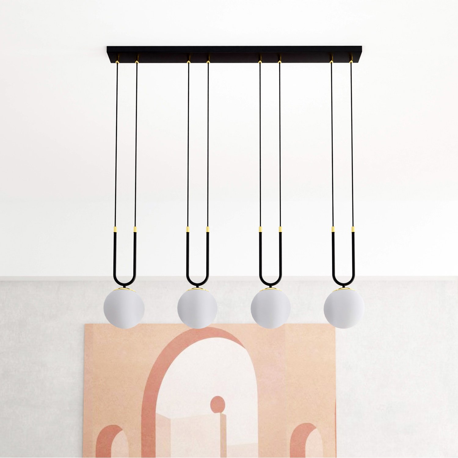 Sospensione Contemporanea 4 Luci Crio In Acciaio Nero Oro E Sfere Vetro Opalino LA0105-EB-4-NR-BI