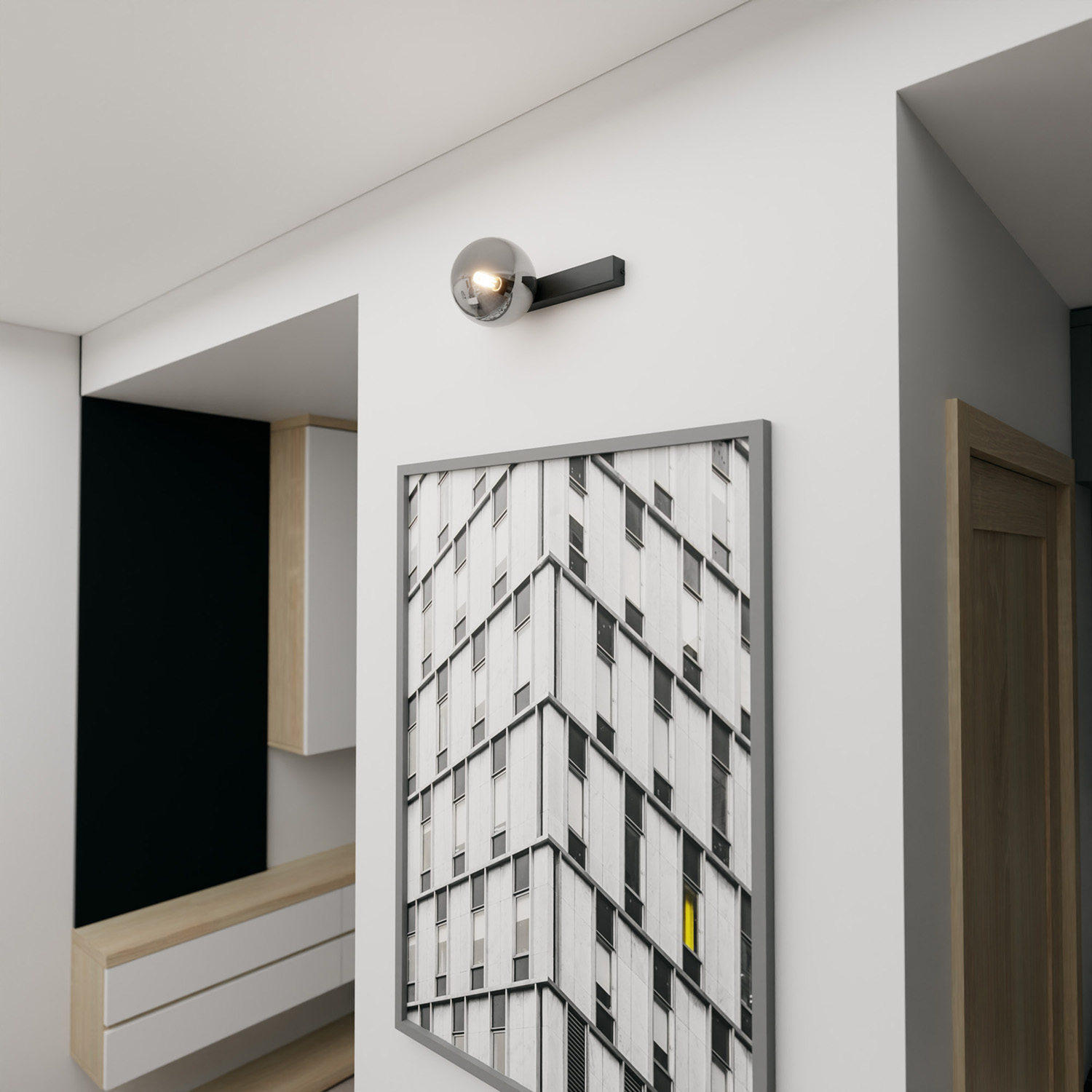 Plafoniera Moderna 1 Luce Giapeto Barra In Acciaio Nero E Sfera Di Vetro Fumè LA0106-EB-PL1-NR