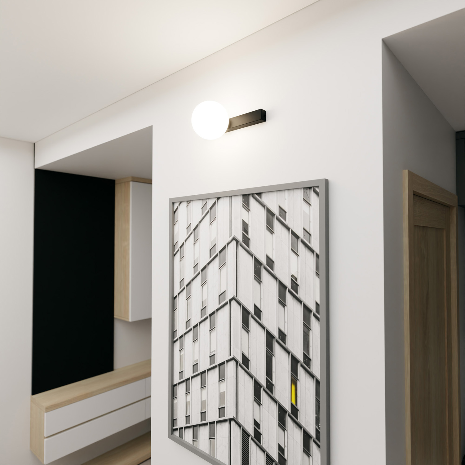 Plafoniera Moderna 1 Luce Giapeto Barra In Acciaio Nero E Sfera Di Vetro Opale LA0106-EB-PL1-NR-BI