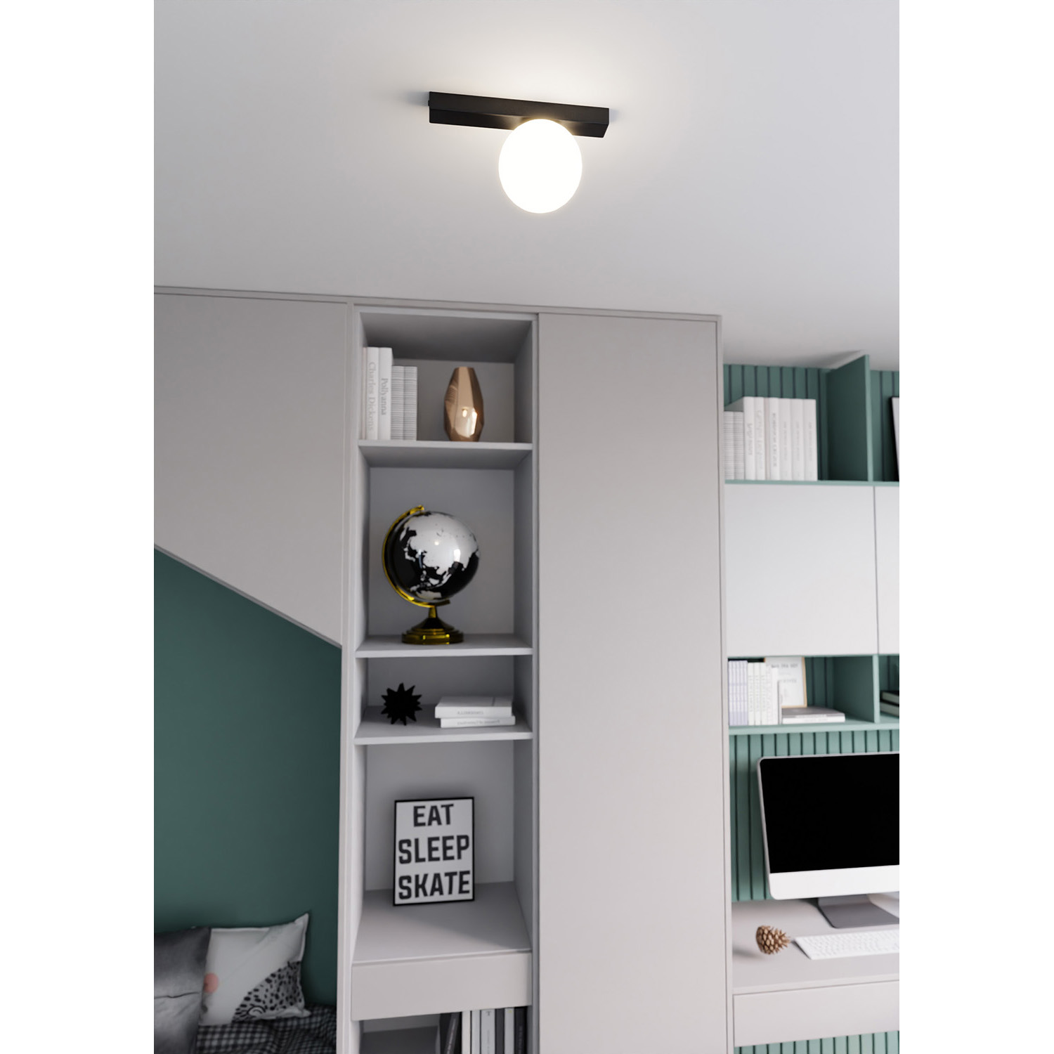 Plafoniera Moderna 1 Luce Giapeto Barra In Acciaio Nero E Sfera Di Vetro Opale LA0106-EB-PL1-NR-BI