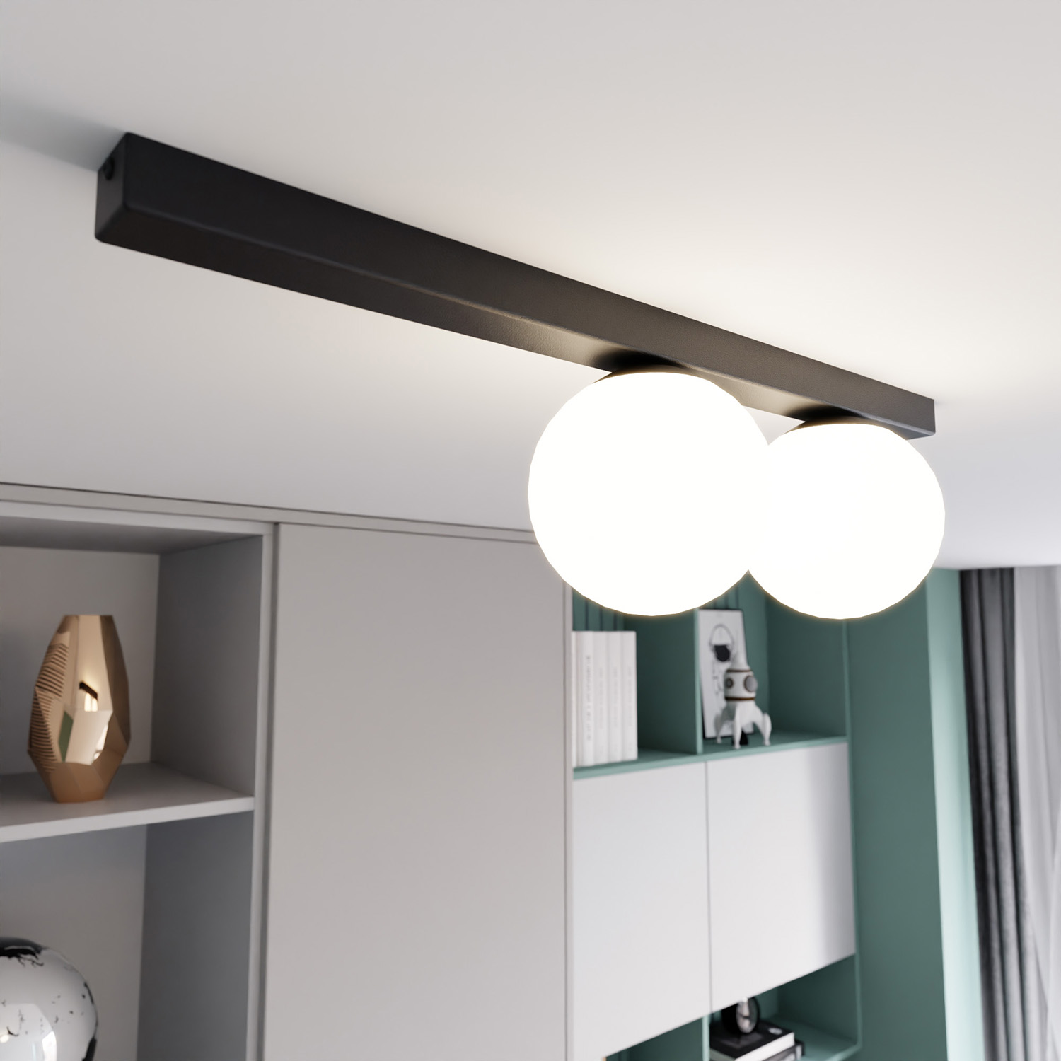 Plafoniera Moderna 2 Luci Giapeto Barra In Acciaio Nero E Sfere Di Vetro Opale LA0106-EB-PL2-NR-BI
