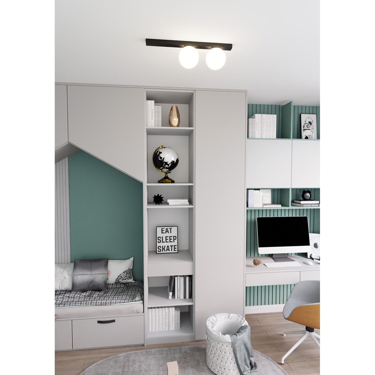 Plafoniera Moderna 2 Luci Giapeto Barra In Acciaio Nero E Sfere Di Vetro Opale LA0106-EB-PL2-NR-BI