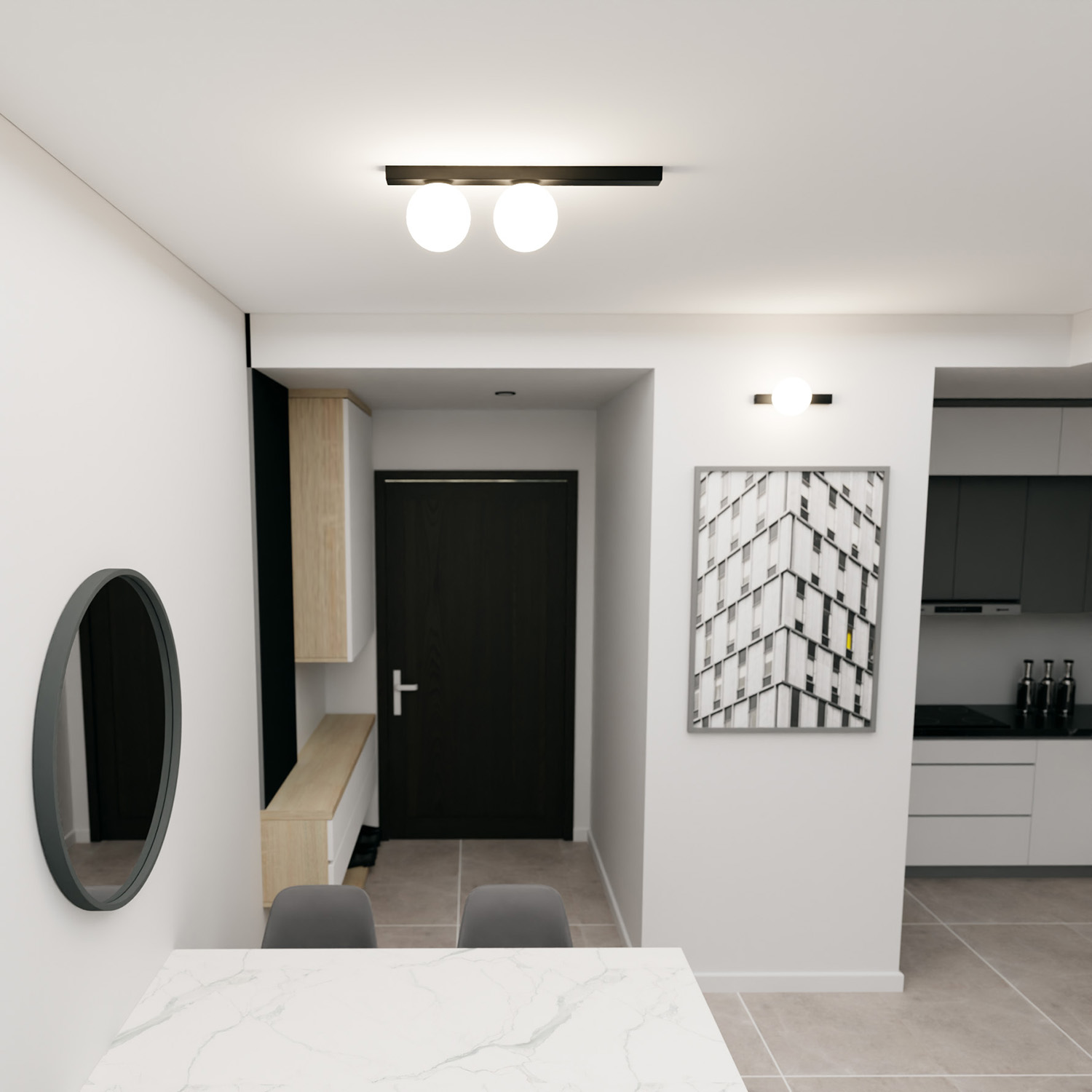 Plafoniera Moderna 2 Luci Giapeto Barra In Acciaio Nero E Sfere Di Vetro Opale LA0106-EB-PL2-NR-BI