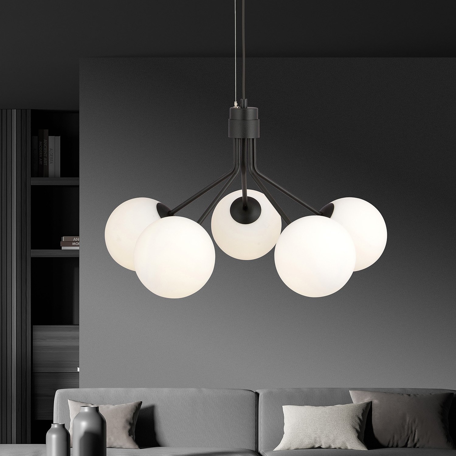 Sospensione Moderna 5 Luci Themis In Acciaio Nero E Sfere Vetro Opale 1138/5