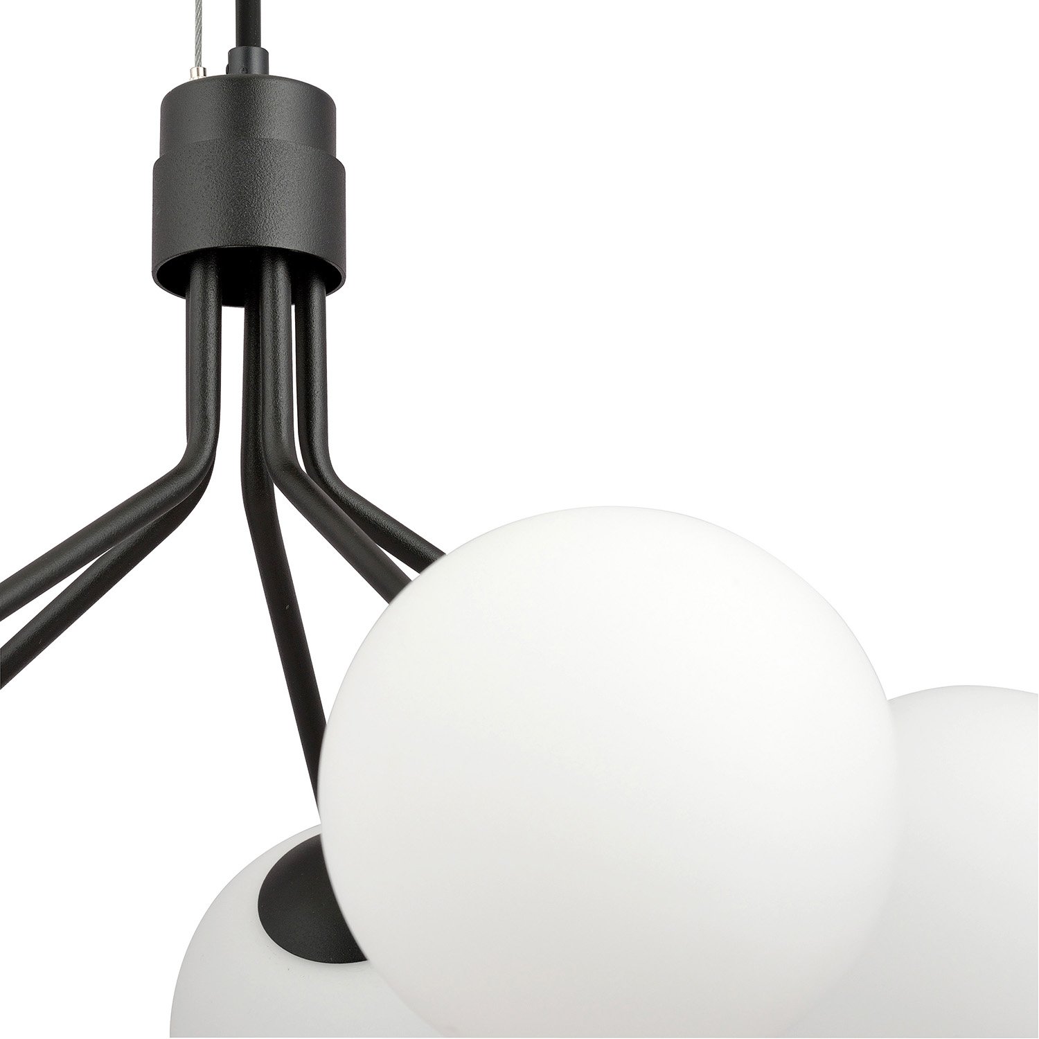 Sospensione Moderna 5 Luci Themis In Acciaio Nero E Sfere Vetro Opale 1138/5