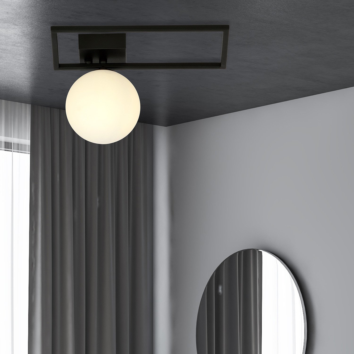Plafoniera Moderna 1 Luce Perseo 1130/1D Acciaio Nero Vetro Opale 1130/1D