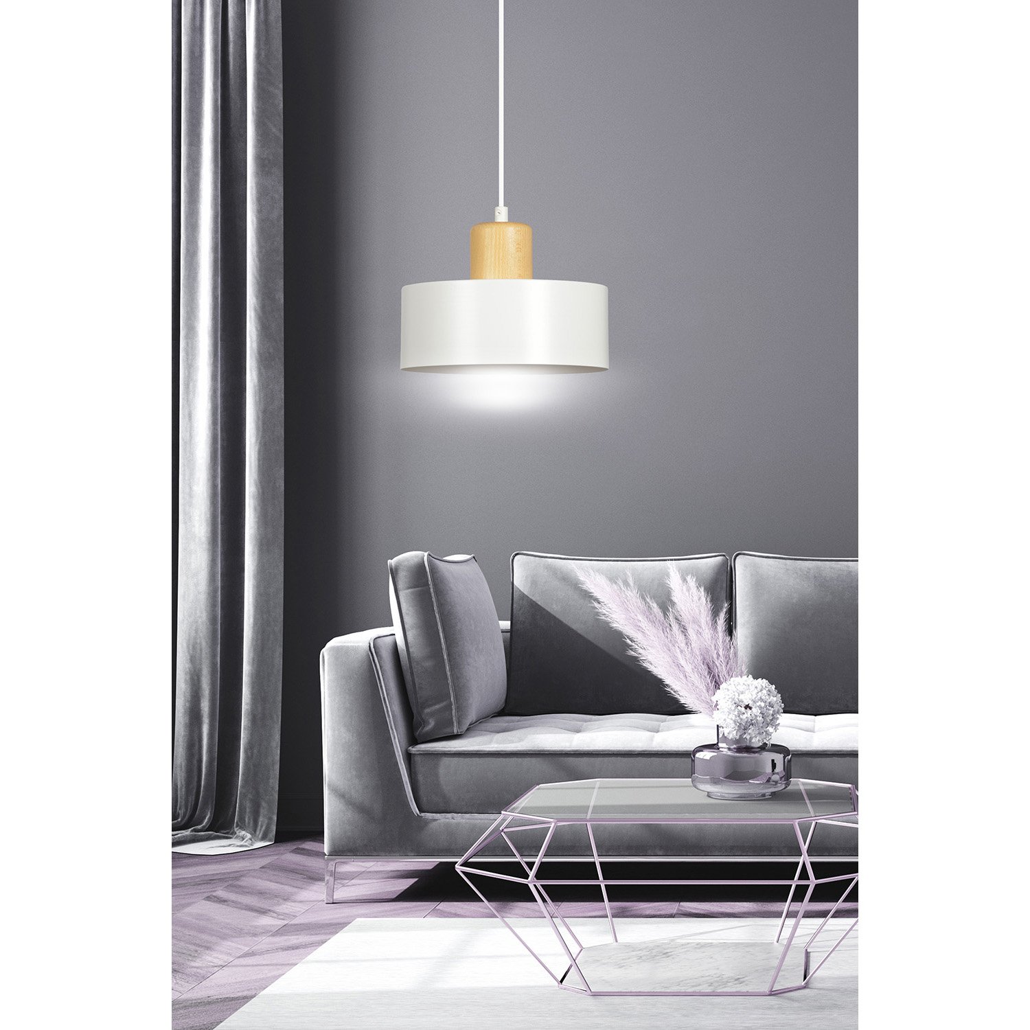 Sospensione Nordica 1 Luce Ravi In Acciaio Bianco E Legno 1047/1