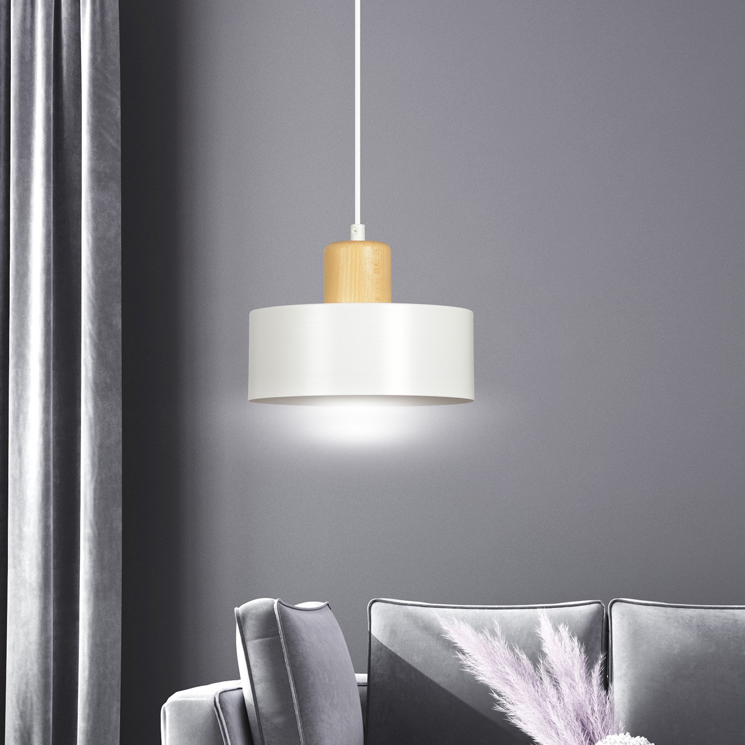 Sospensione Nordica 1 Luce Ravi In Acciaio Bianco E Legno 1047/1
