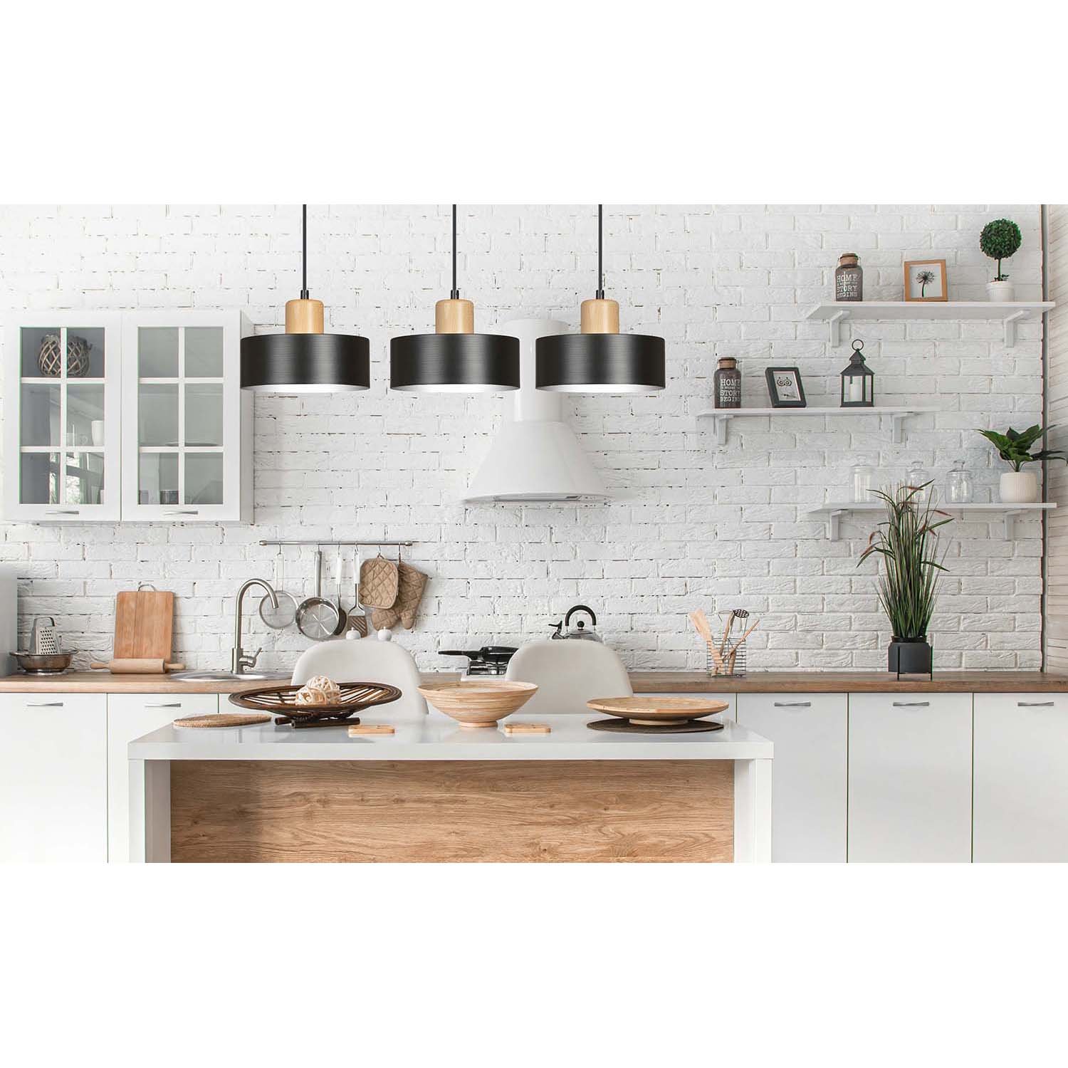 Sospensione Nordica 3 Luci Ravi In Acciaio Nero E Legno 1046/3