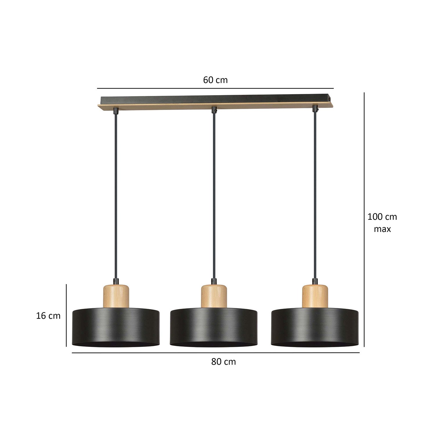 Sospensione Nordica 3 Luci Ravi In Acciaio Nero E Legno 1046/3