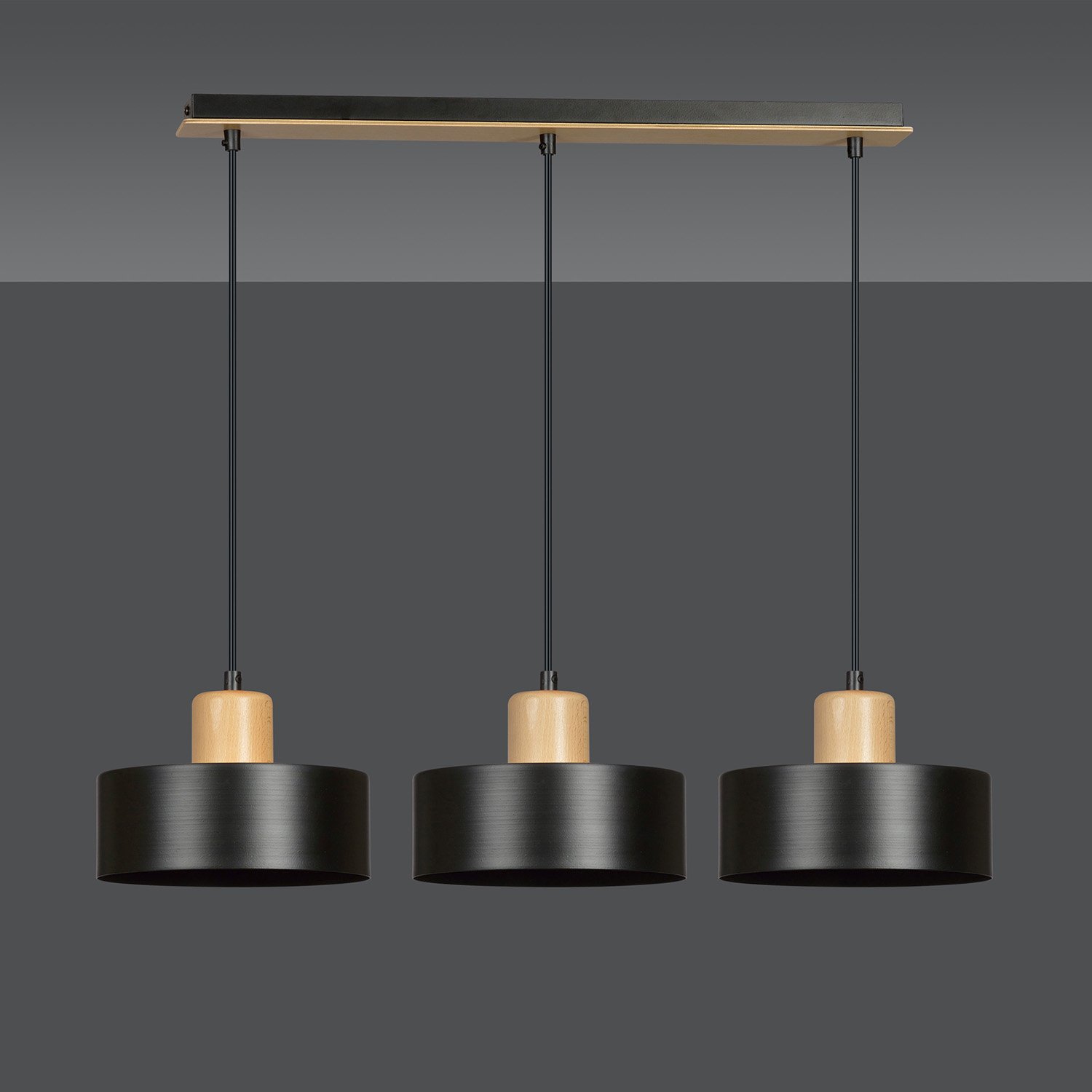 Sospensione Nordica 3 Luci Ravi In Acciaio Nero E Legno 1046/3